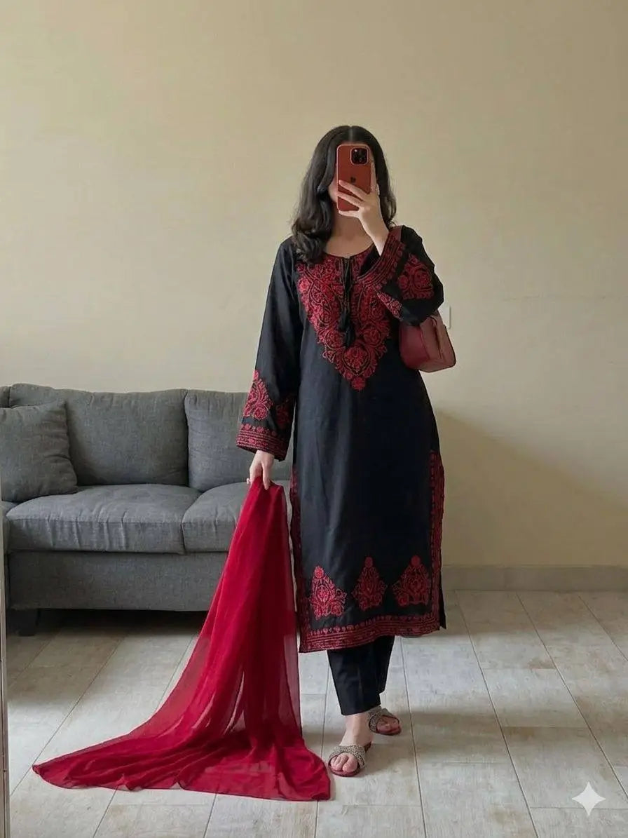 Elegant Roman Silk Embroidered Straight Suit Set for Festive Wear