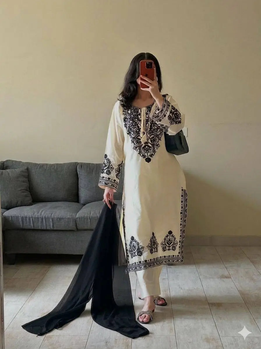 Elegant Roman Silk Embroidered Straight Suit Set for Festive Wear
