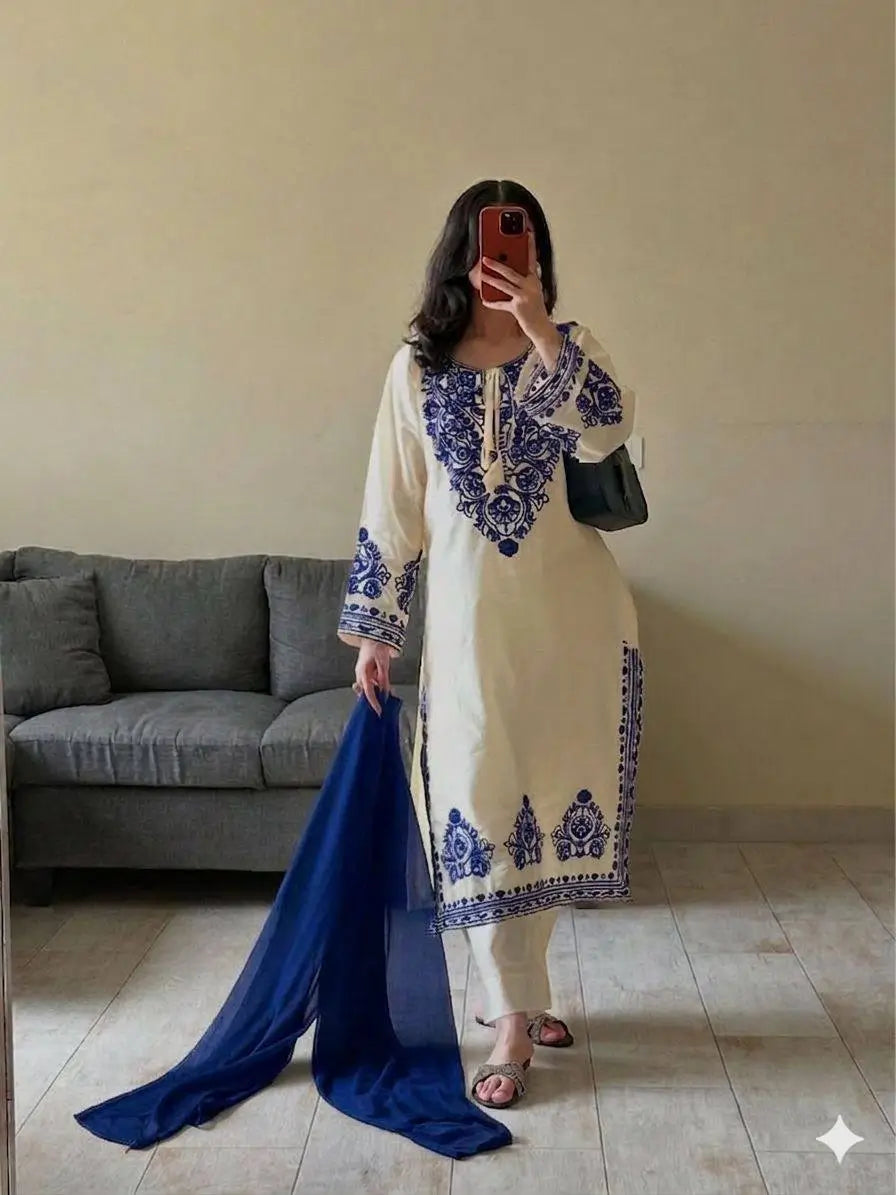 Elegant Roman Silk Embroidered Straight Suit Set for Festive Wear