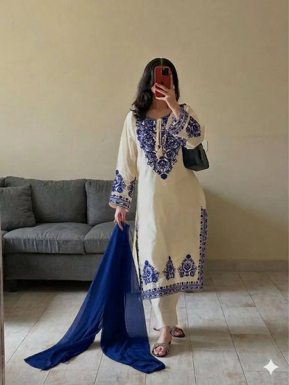Elegant Roman Silk Embroidered Straight Suit Set for Festive Wear