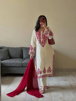 Elegant Roman Silk Embroidered Straight Suit Set for Festive Wear