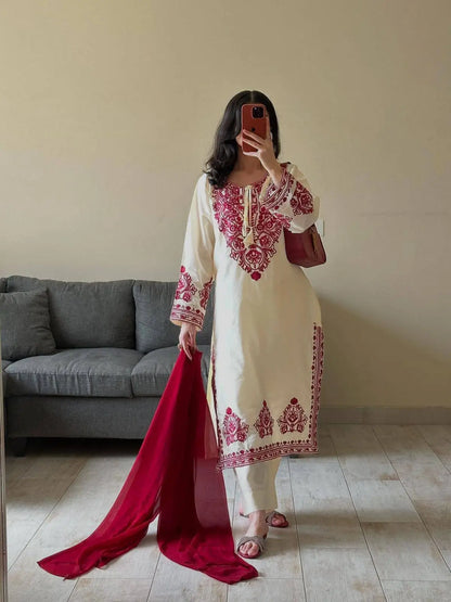 Elegant Roman Silk Embroidered Straight Suit Set for Festive Wear