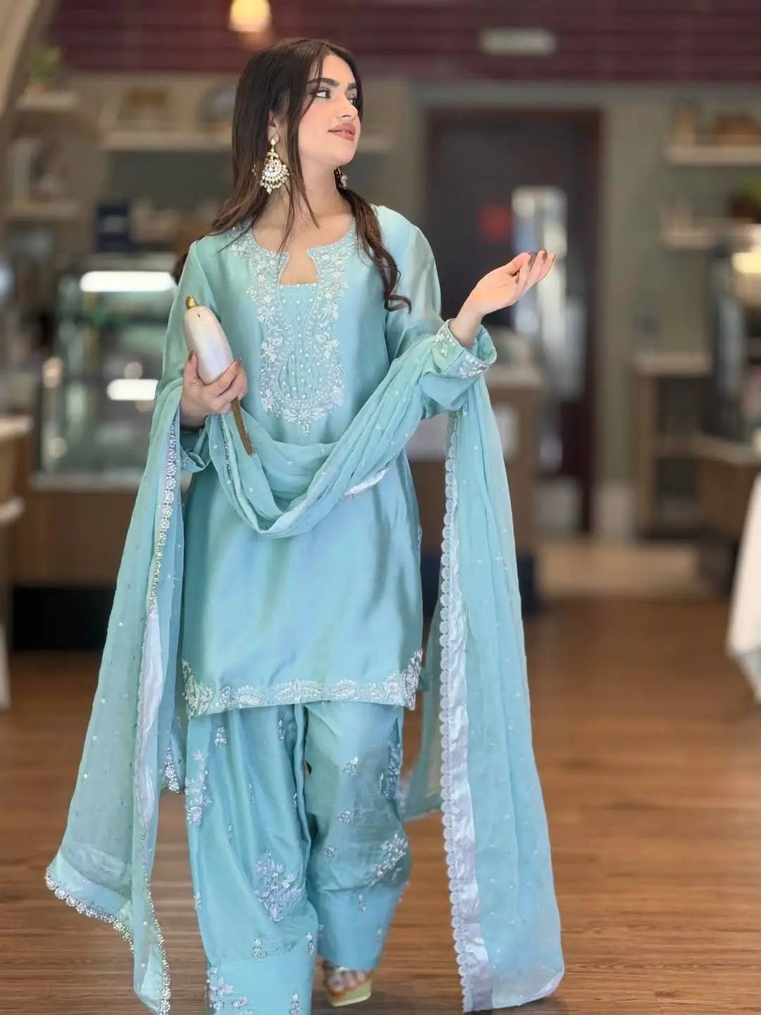 Elegant Roman Silk Farshi Palazzo Suit Set for Festive and Party Wear