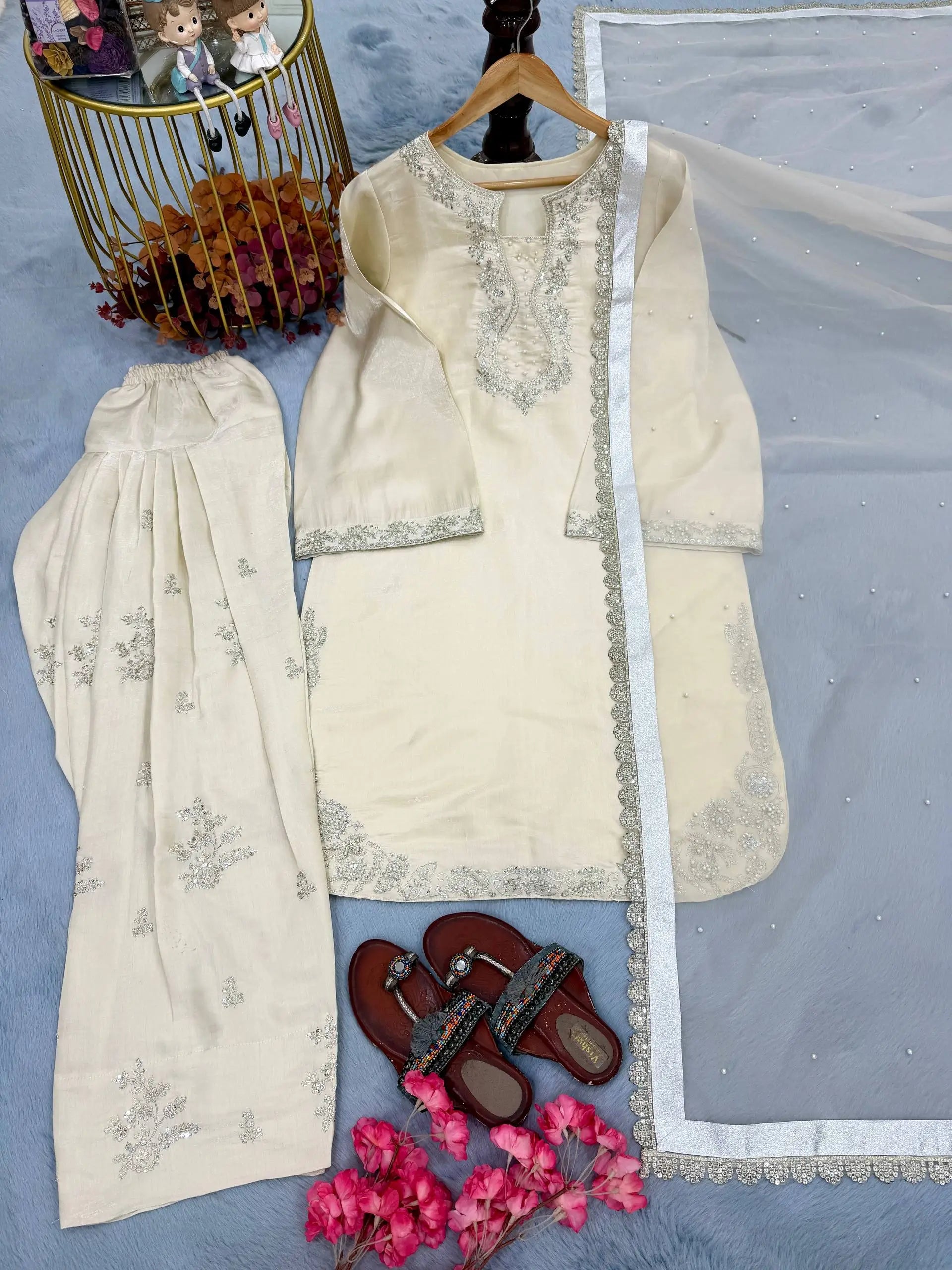 Elegant Roman Silk Farshi Palazzo Suit Set for Festive and Party Wear