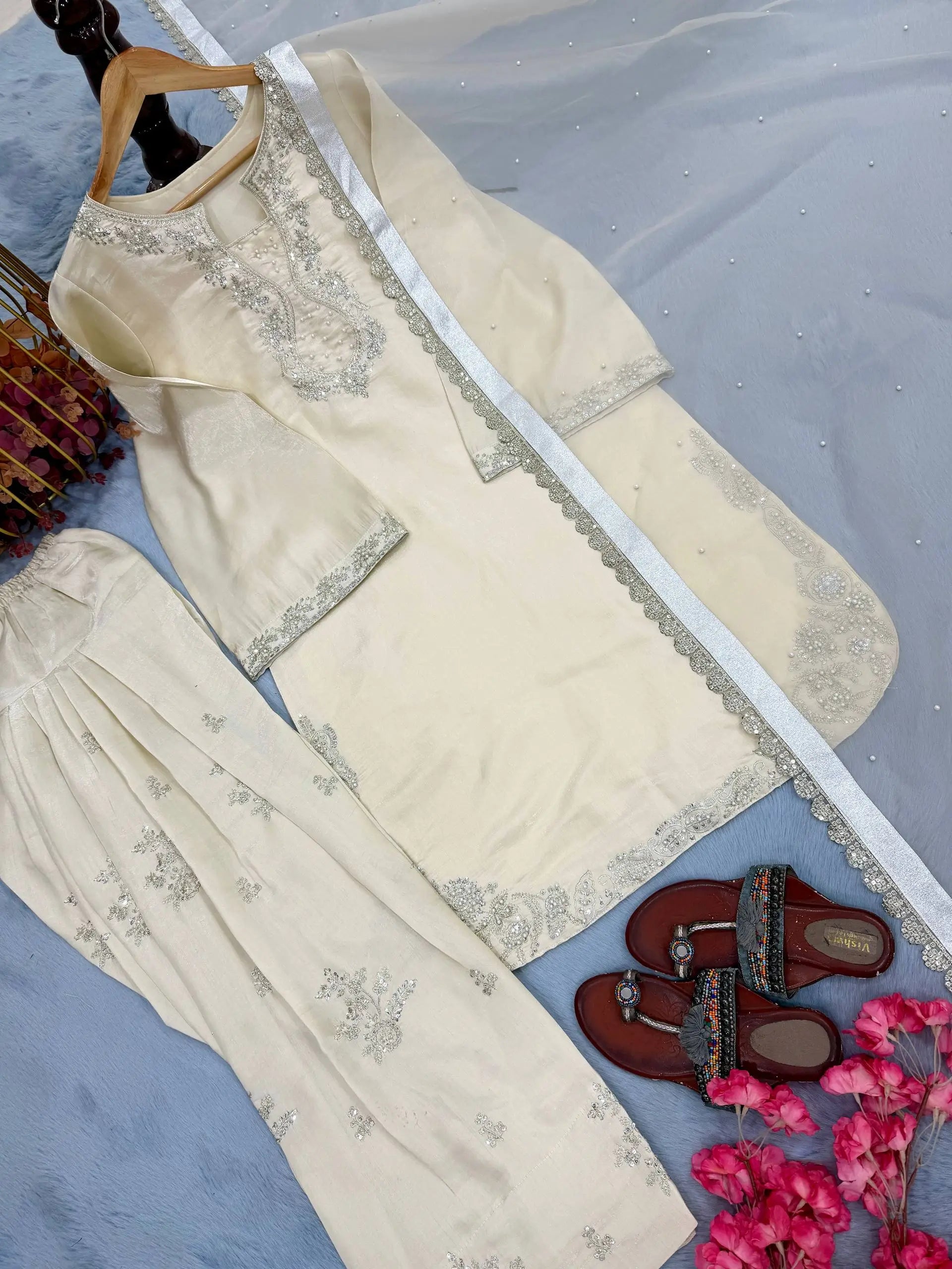 Elegant Roman Silk Farshi Palazzo Suit Set for Festive and Party Wear