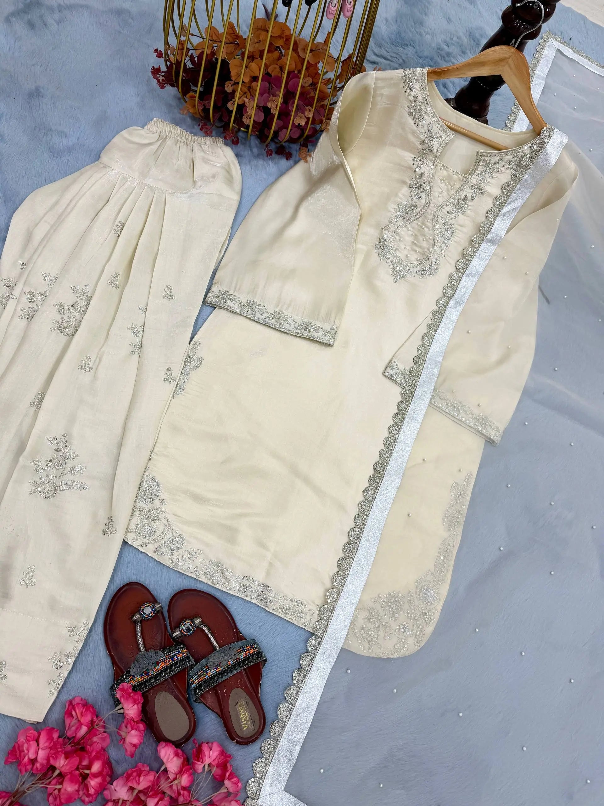 Elegant Roman Silk Farshi Palazzo Suit Set for Festive and Party Wear