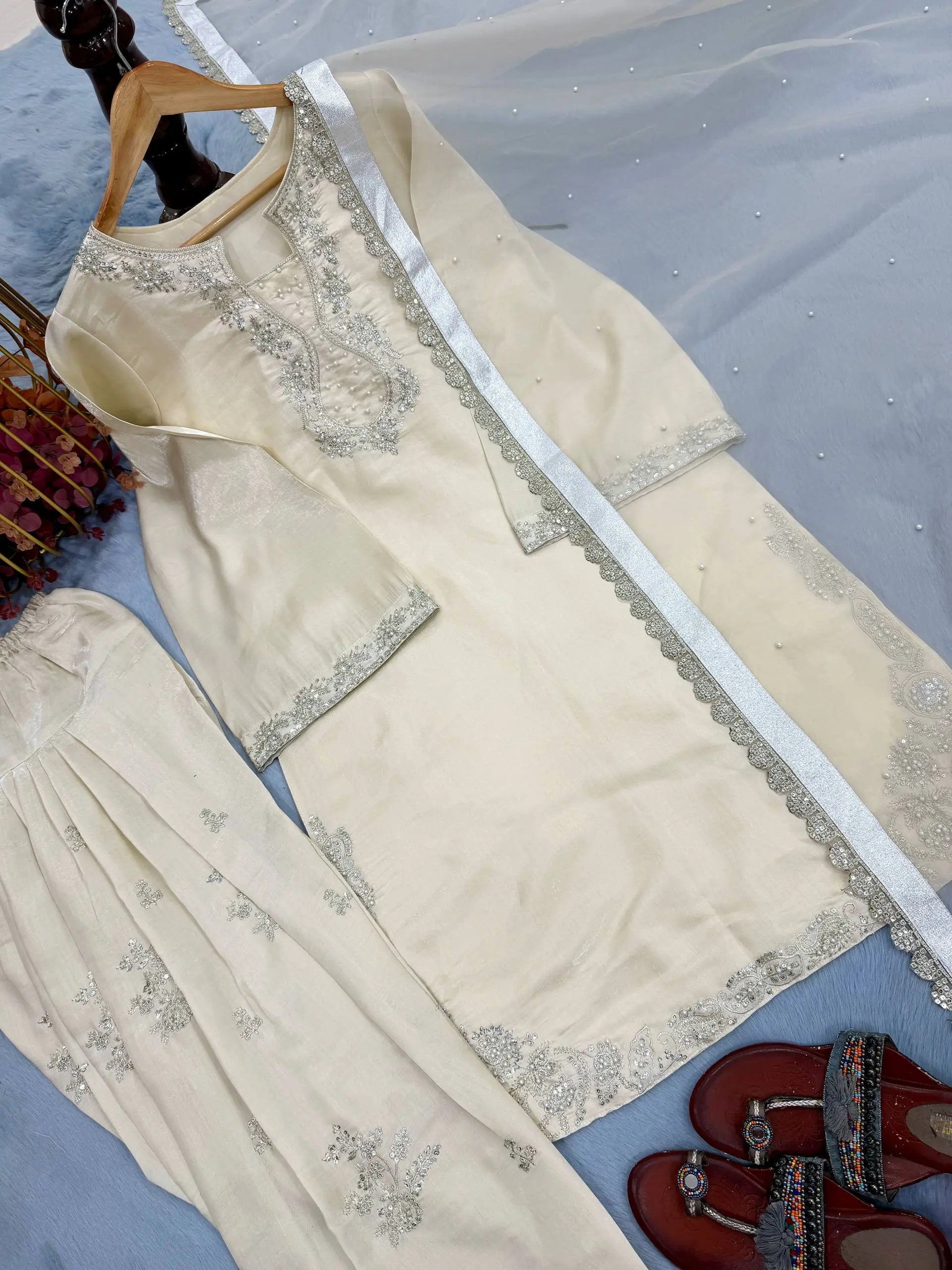 Elegant Roman Silk Farshi Palazzo Suit Set for Festive and Party Wear