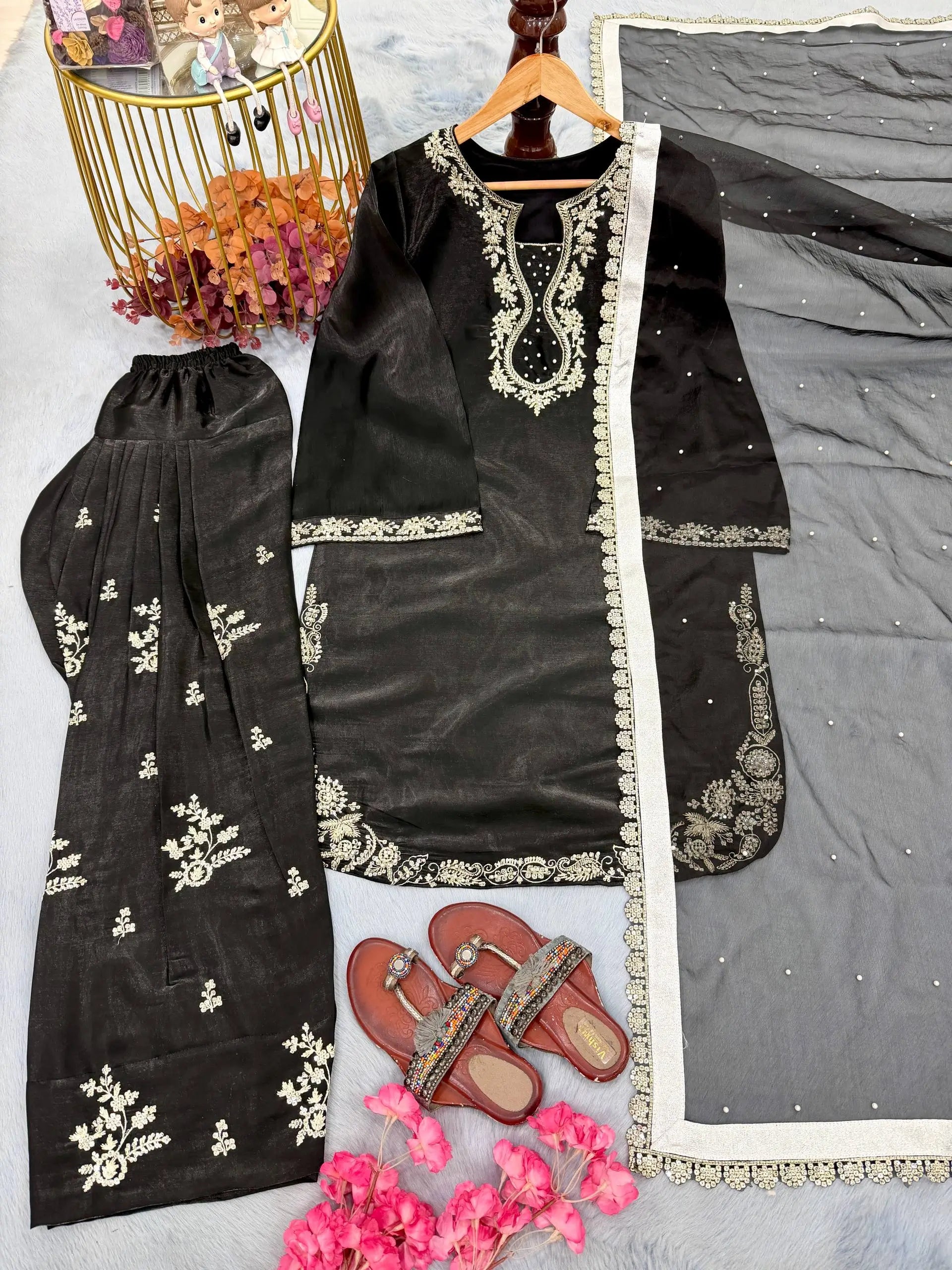 Elegant Roman Silk Farshi Palazzo Suit Set for Festive and Party Wear