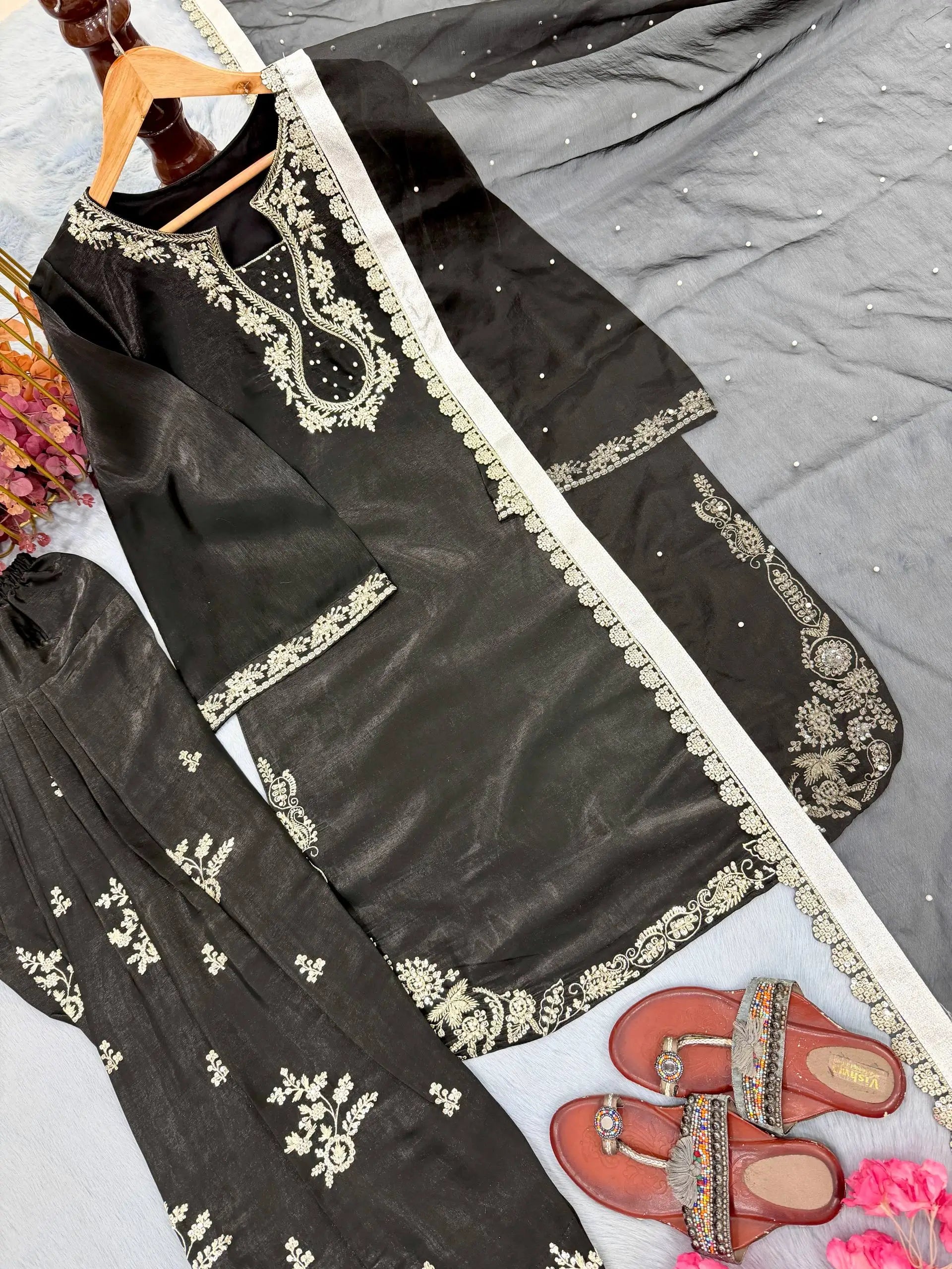 Elegant Roman Silk Farshi Palazzo Suit Set for Festive and Party Wear