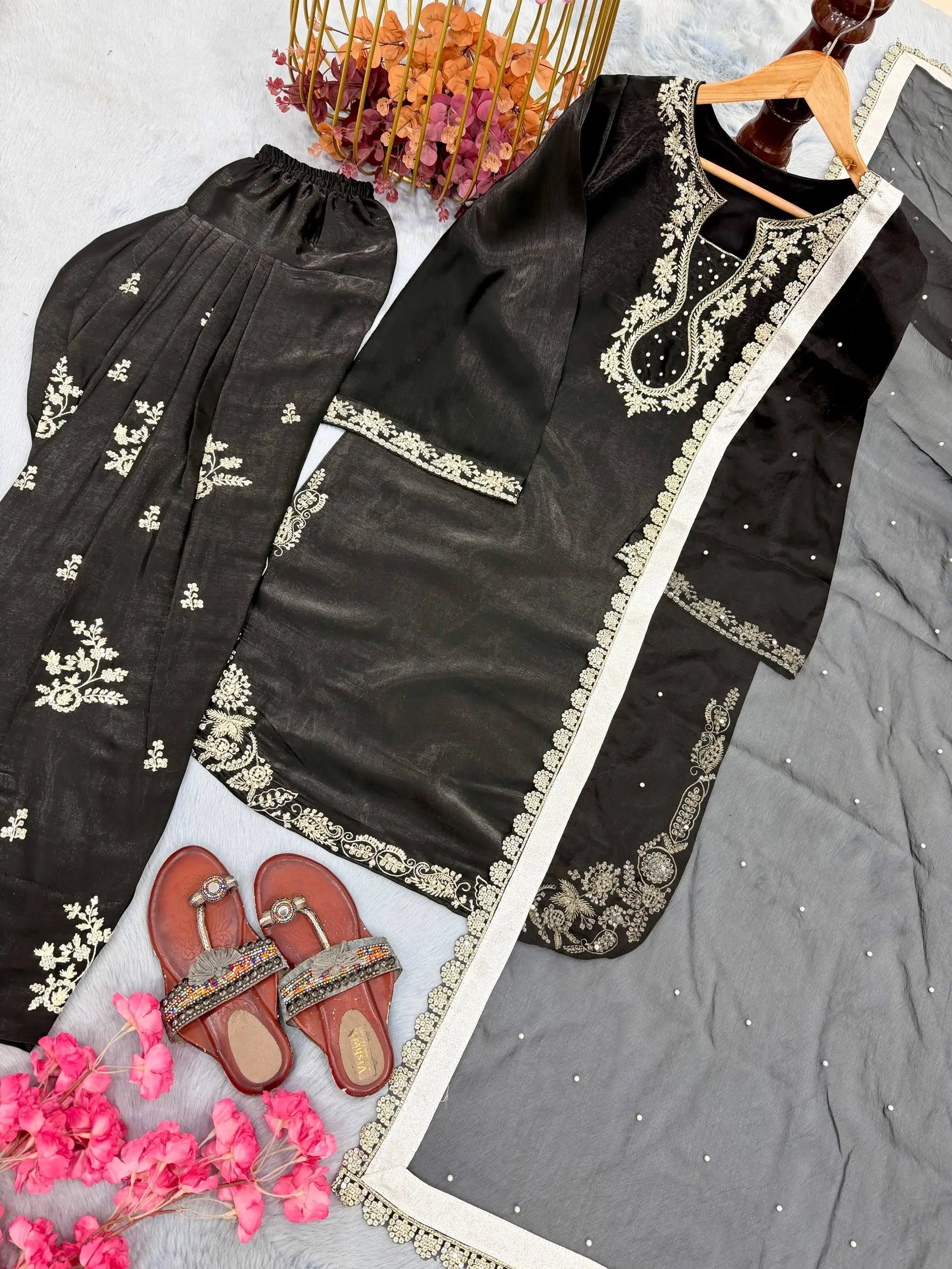 Elegant Roman Silk Farshi Palazzo Suit Set for Festive and Party Wear