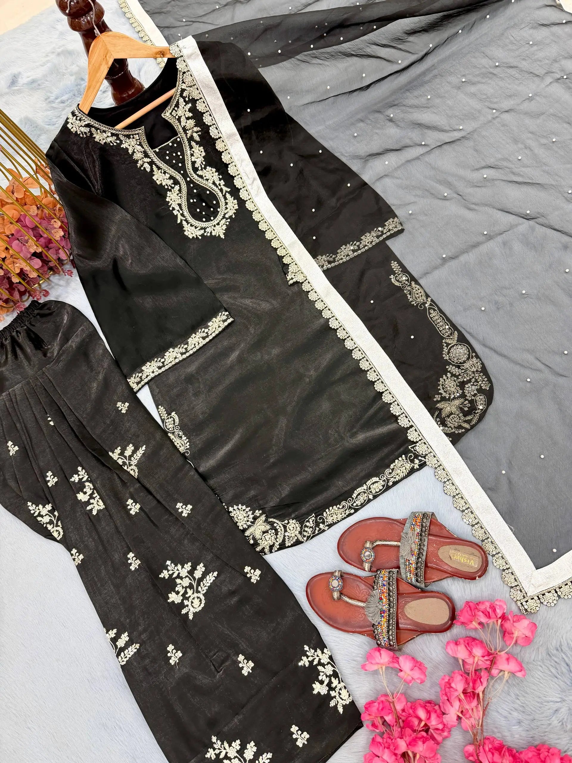 Elegant Roman Silk Farshi Palazzo Suit Set for Festive and Party Wear