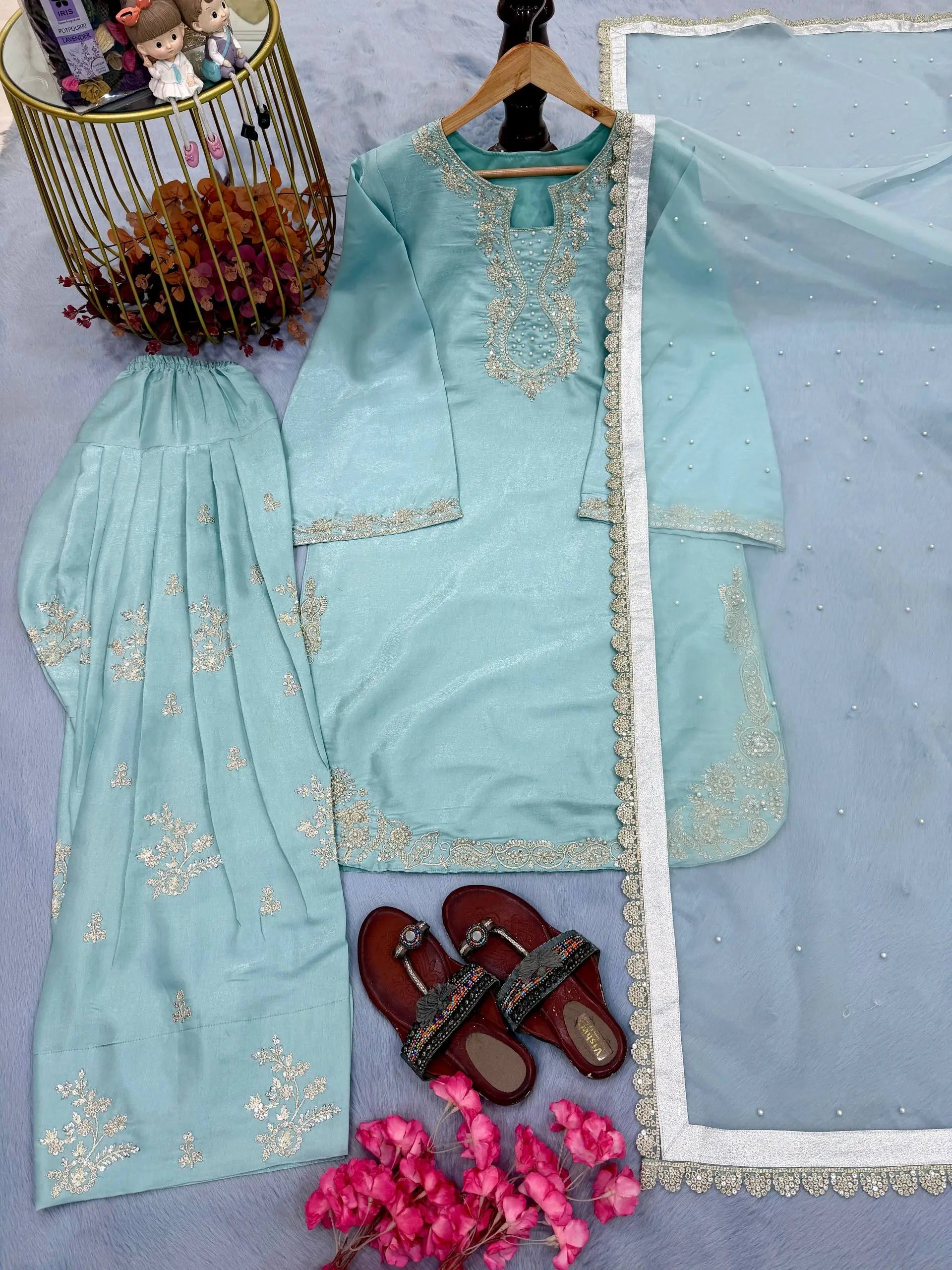 Elegant Roman Silk Farshi Palazzo Suit Set for Festive and Party Wear