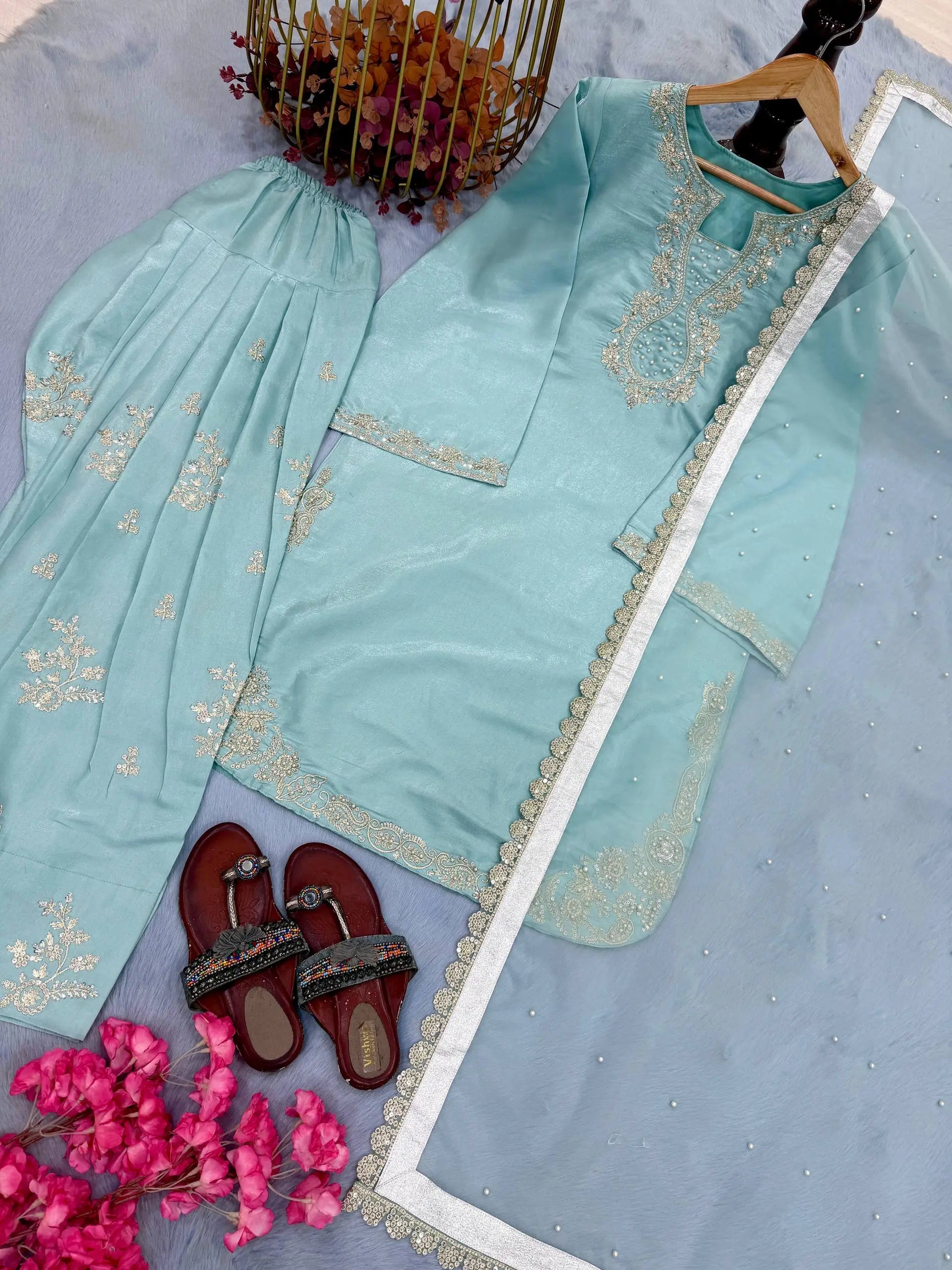 Elegant Roman Silk Farshi Palazzo Suit Set for Festive and Party Wear