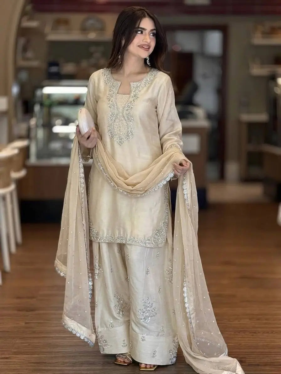 Elegant Roman Silk Farshi Palazzo Suit Set for Festive and Party Wear