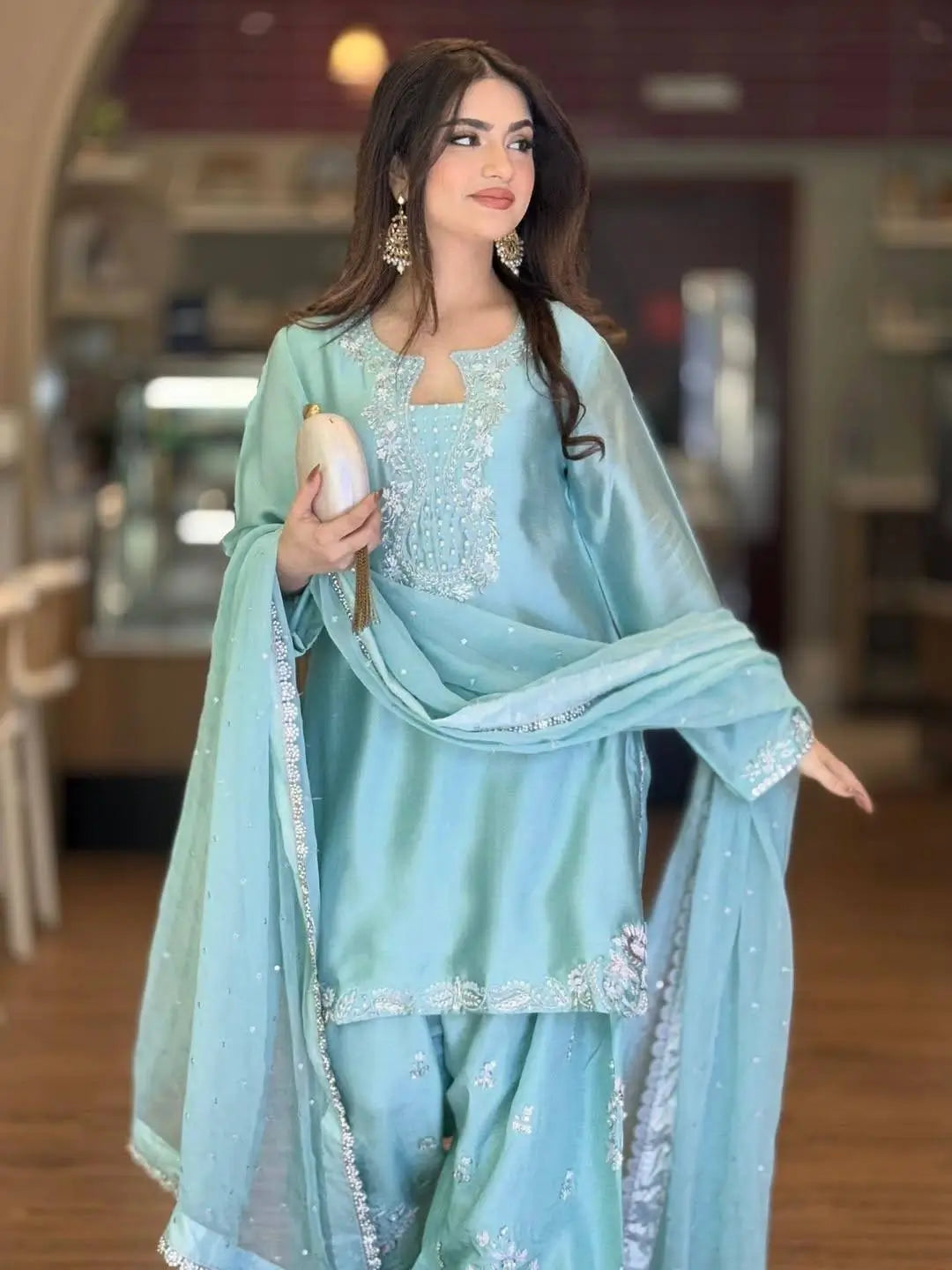 Elegant Roman Silk Farshi Palazzo Suit Set for Festive and Party Wear