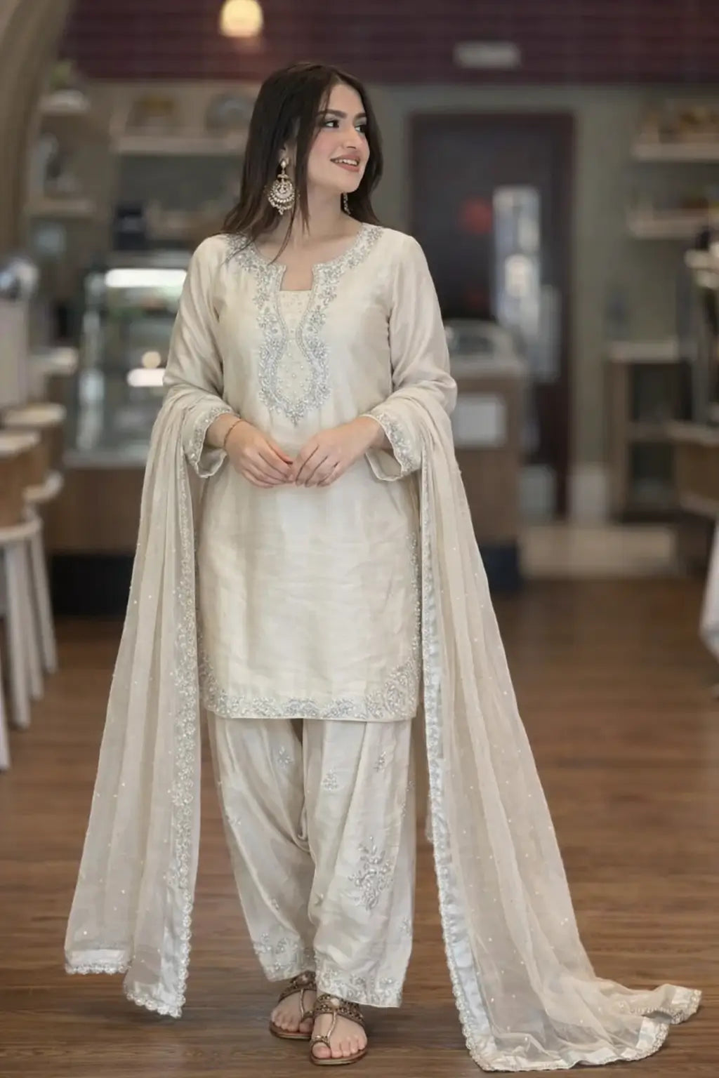 Elegant Roman Silk Farshi Palazzo Suit Set for Festive and Party Wear