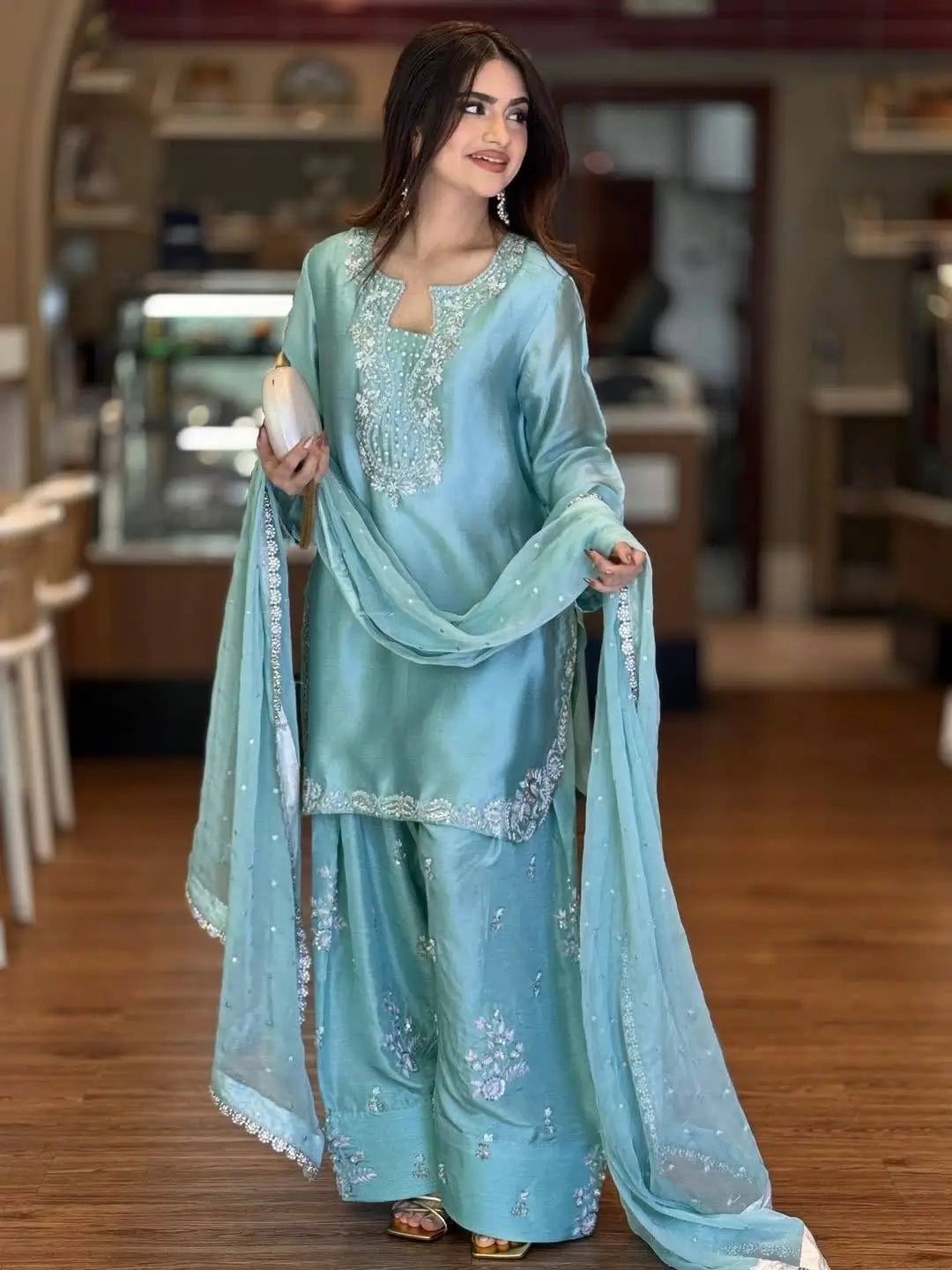 Elegant Roman Silk Farshi Palazzo Suit Set for Festive and Party Wear