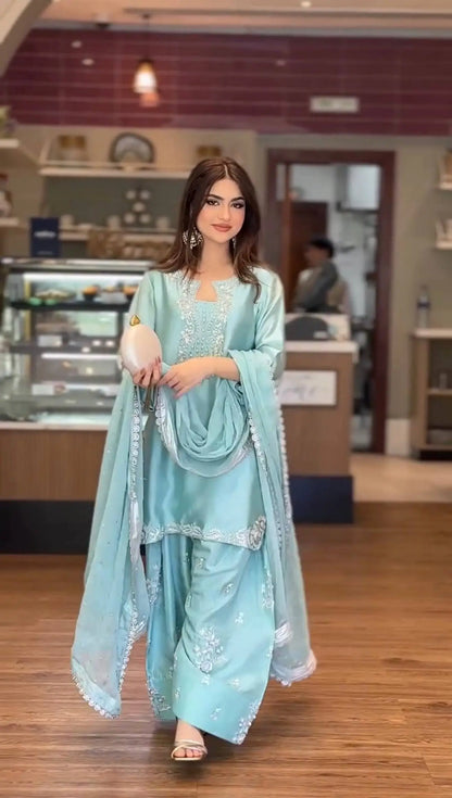 Elegant Roman Silk Farshi Palazzo Suit Set for Festive and Party Wear