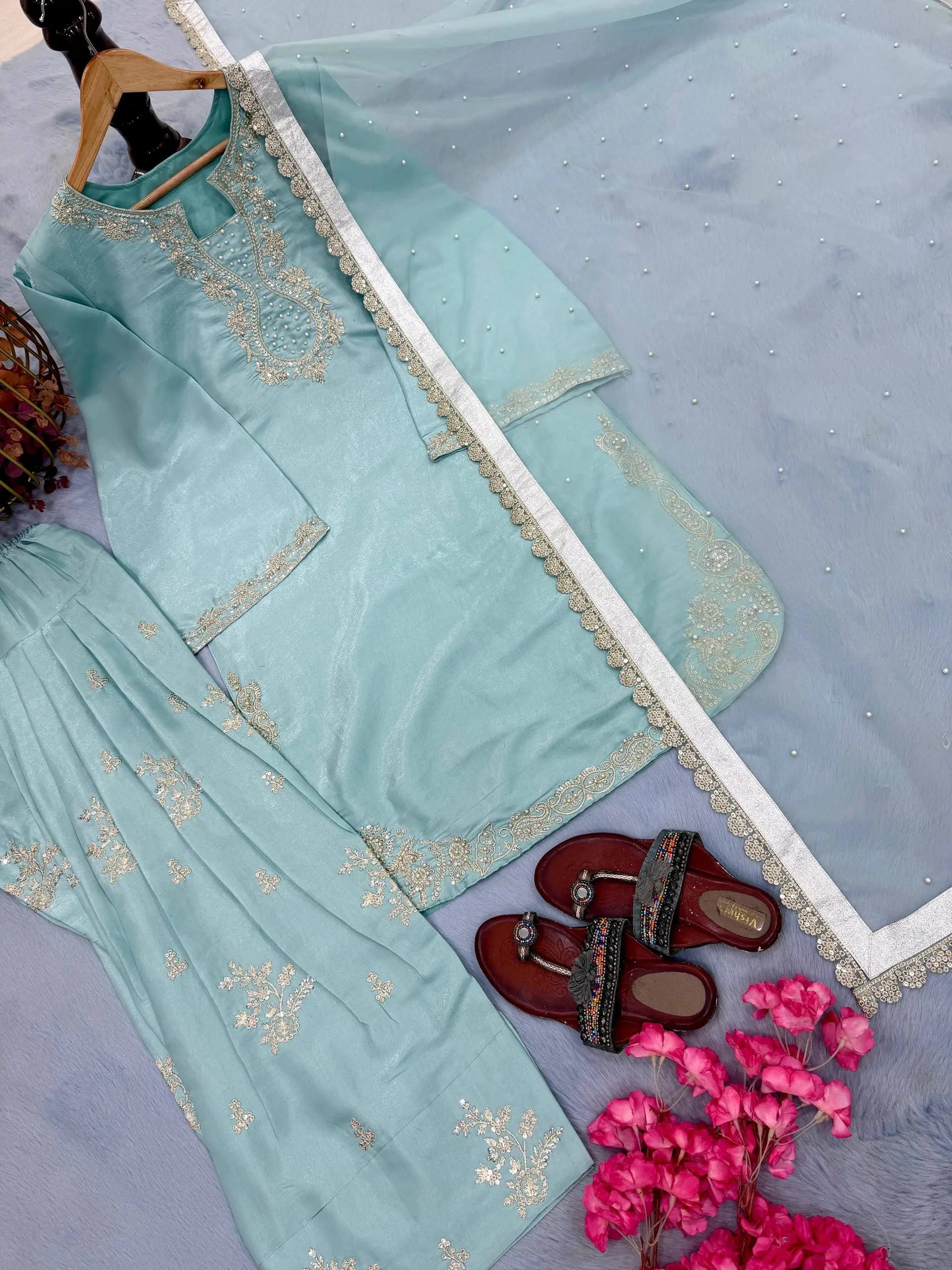Elegant Roman Silk Farshi Palazzo Suit with Embroidered Dupatta for Festive Wear