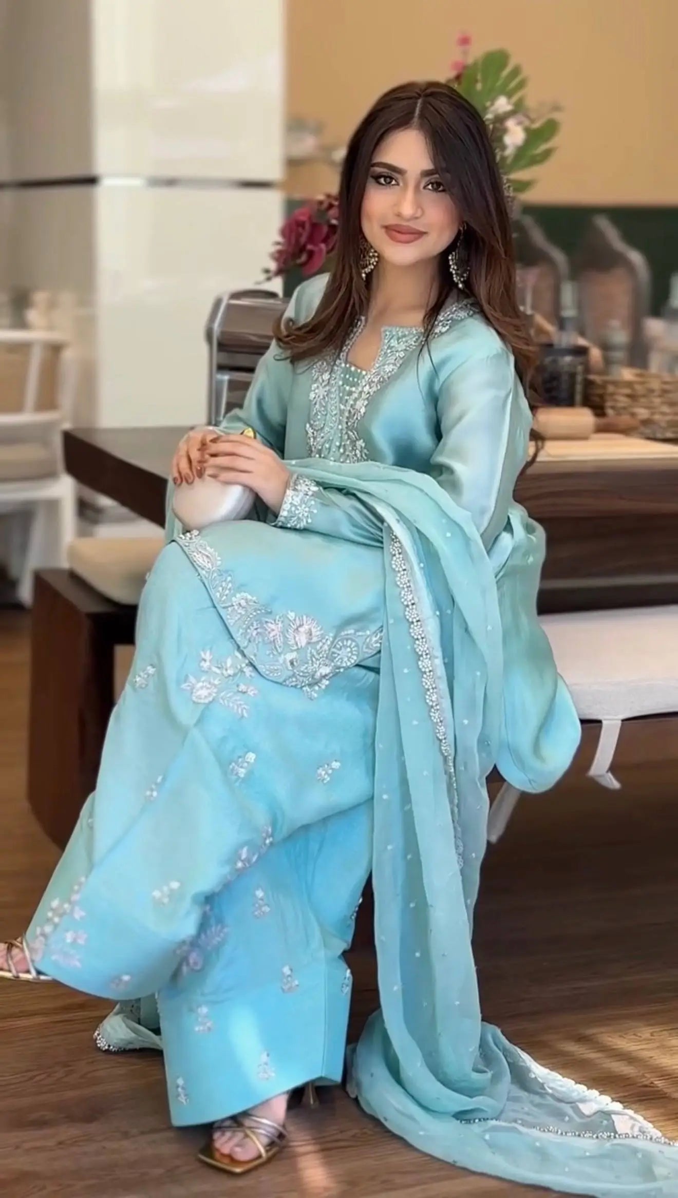 Elegant Roman Silk Farshi Palazzo Suit with Embroidered Dupatta for Festive Wear