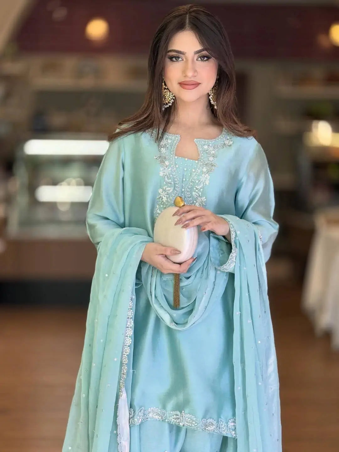 Elegant Roman Silk Farshi Palazzo Suit with Embroidered Dupatta for Festive Wear