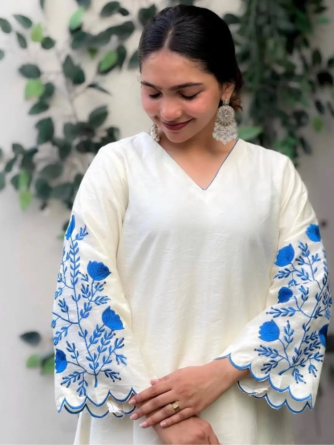 Elegant Roman Silk white Straight Suit Set with blue work for Festive and Daily Wear