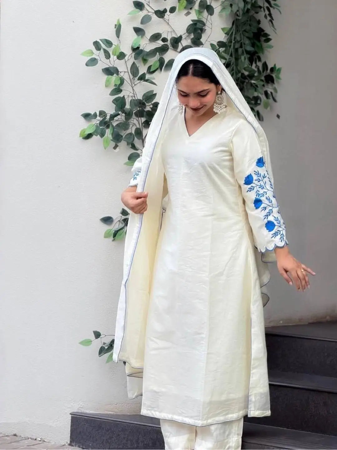 Elegant Roman Silk white Straight Suit Set with blue work for Festive and Daily Wear