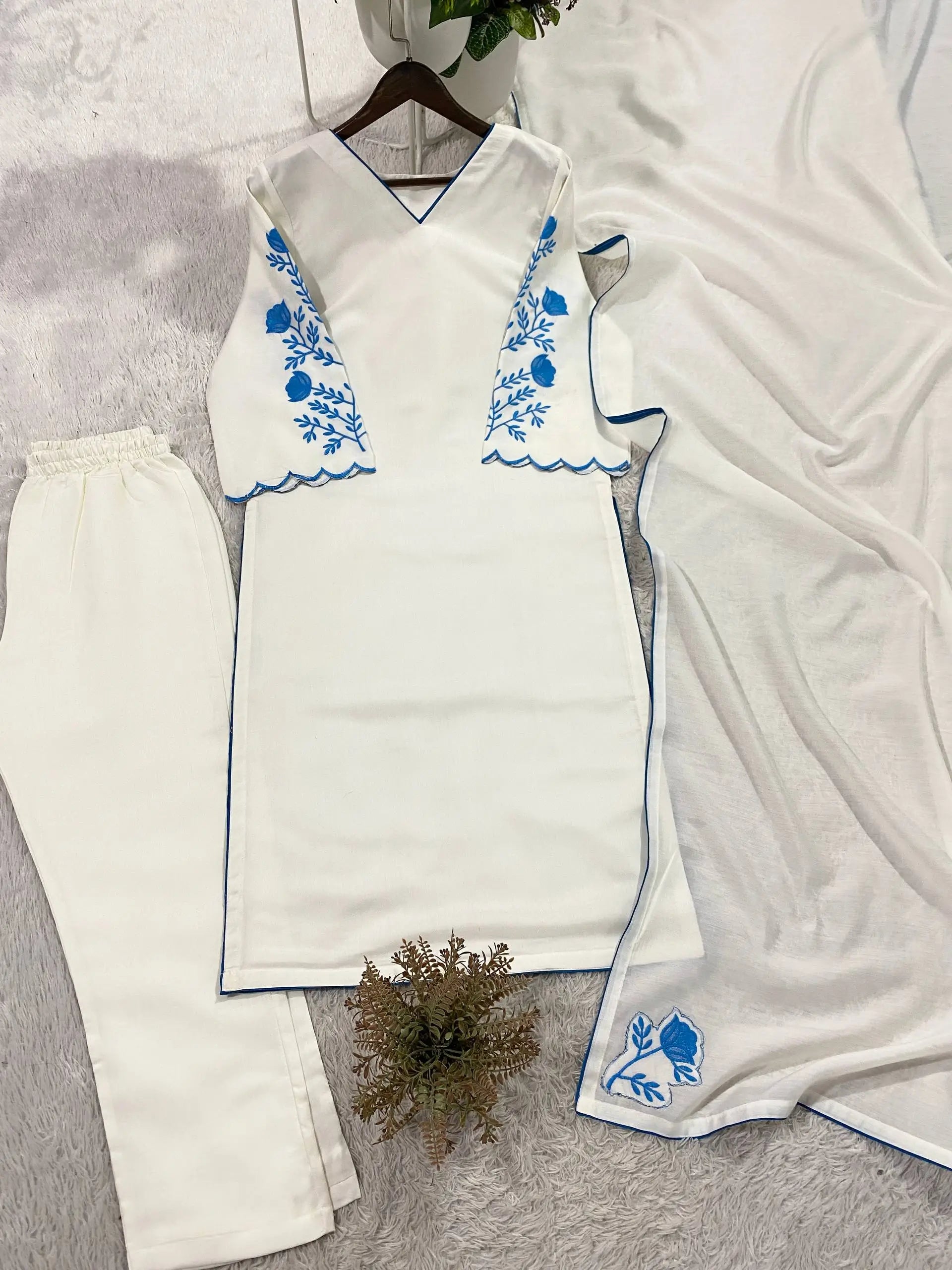Elegant Roman Silk white Straight Suit Set with blue work for Festive and Daily Wear