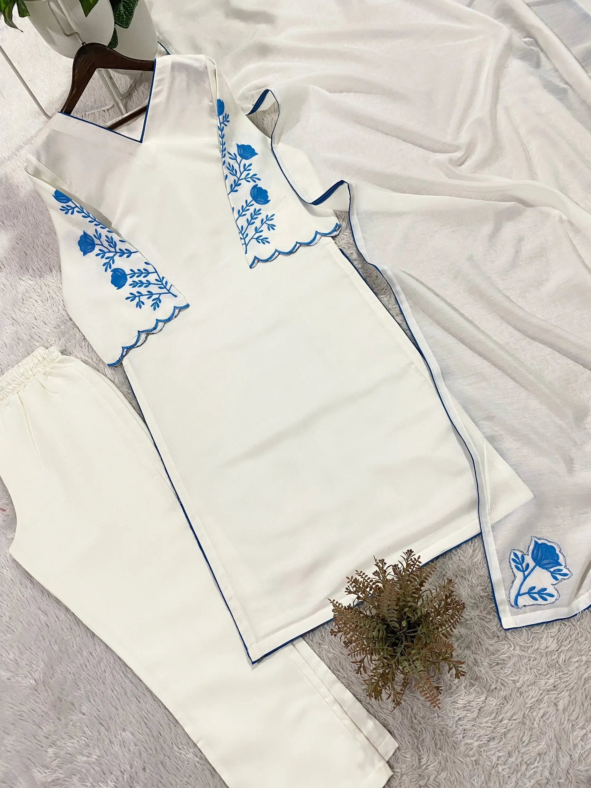 Elegant Roman Silk white Straight Suit Set with blue work for Festive and Daily Wear