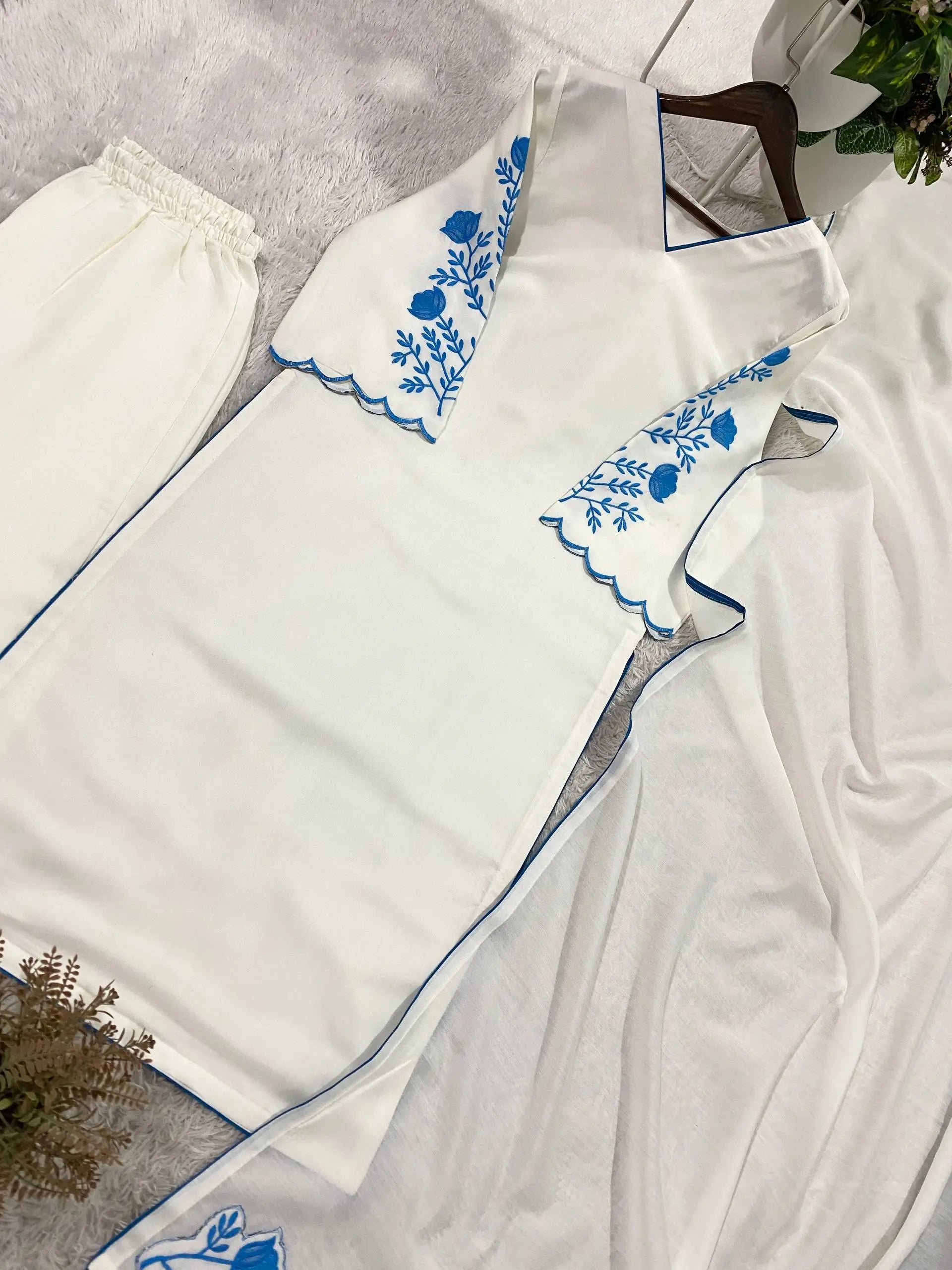 Elegant Roman Silk white Straight Suit Set with blue work for Festive and Daily Wear