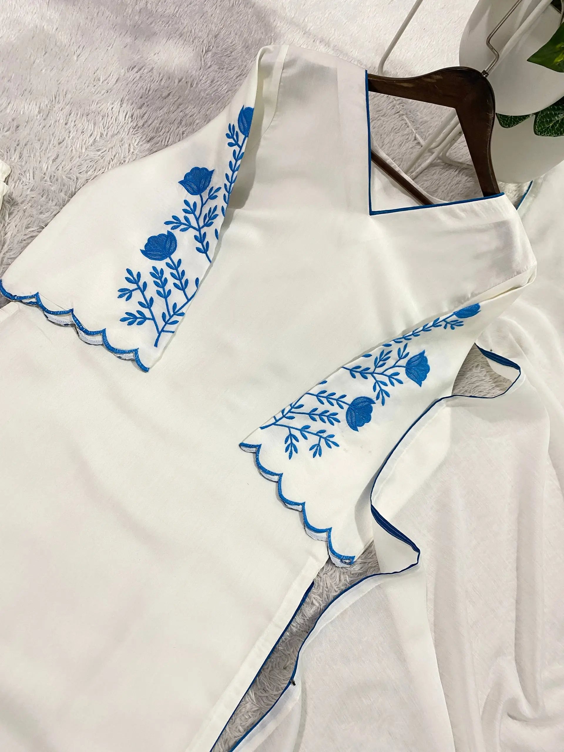 Elegant Roman Silk white Straight Suit Set with blue work for Festive and Daily Wear