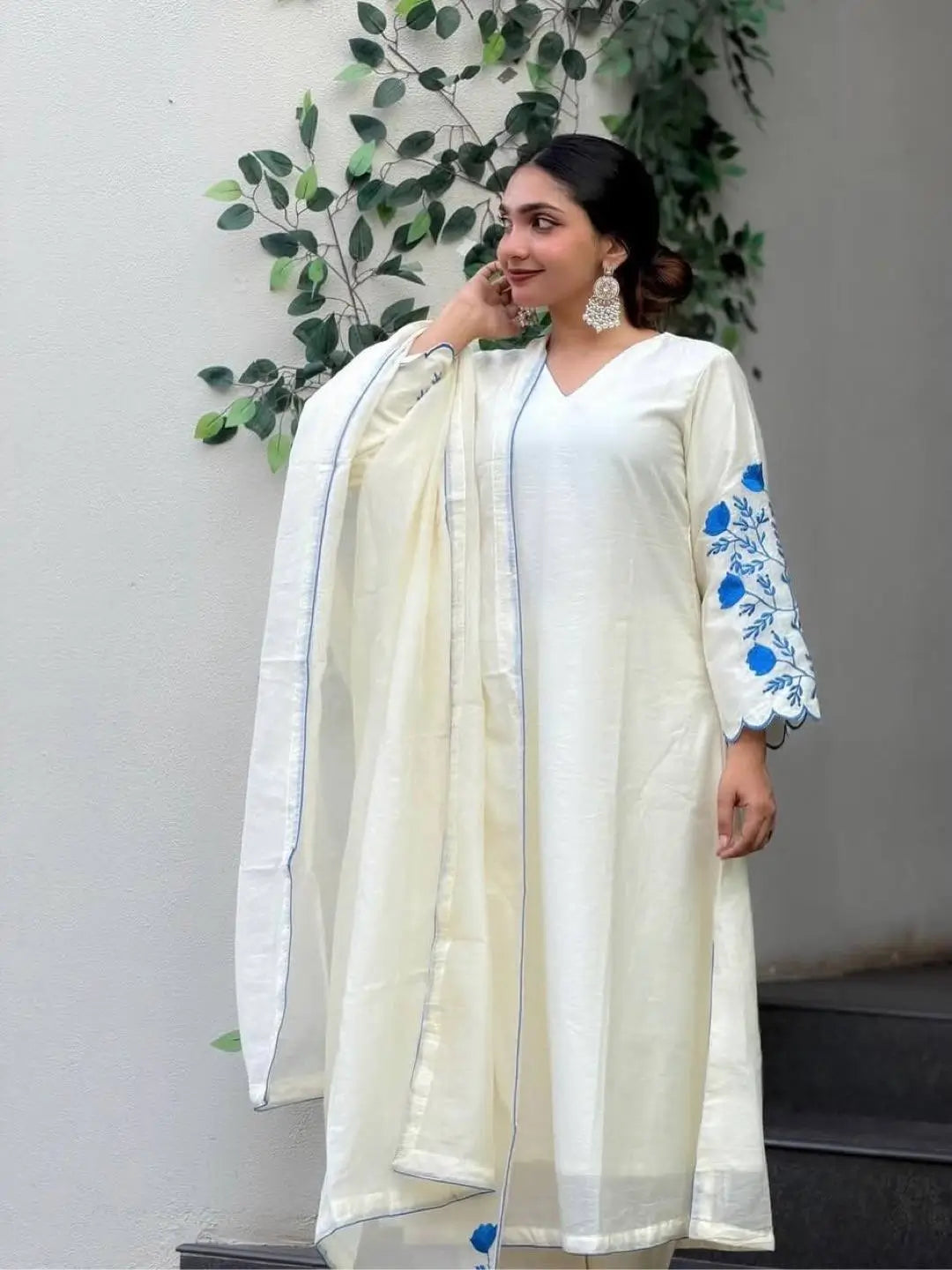 Elegant Roman Silk white Straight Suit Set with blue work for Festive and Daily Wear