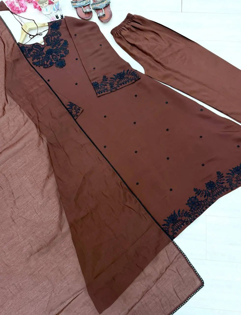 Elegant Satin Kaftan Palazzo Set for Festive and Family Occasions