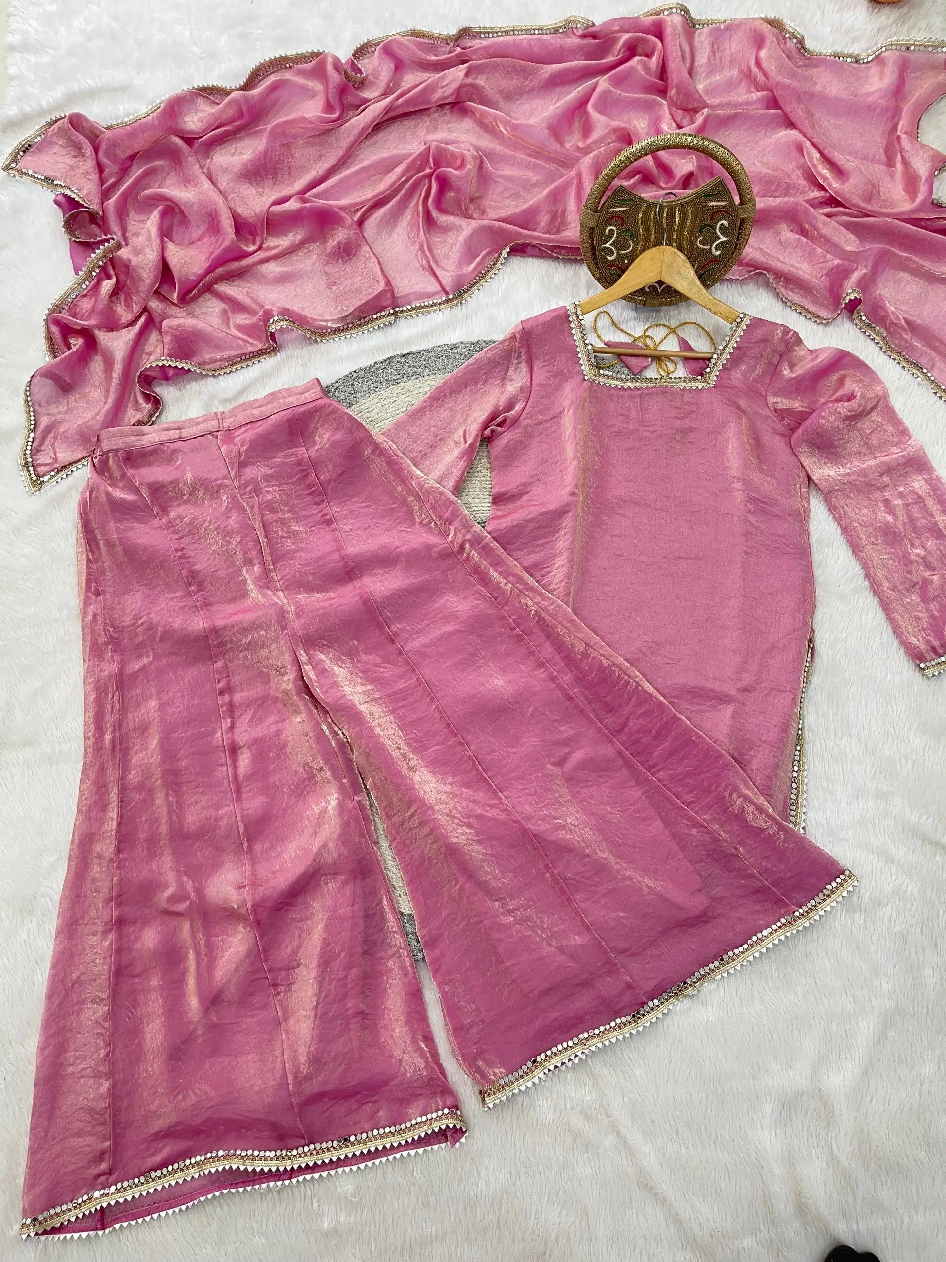Elegant Satin Mirror Work Kurta Palazzo Set with Dupatta for Festive Wear