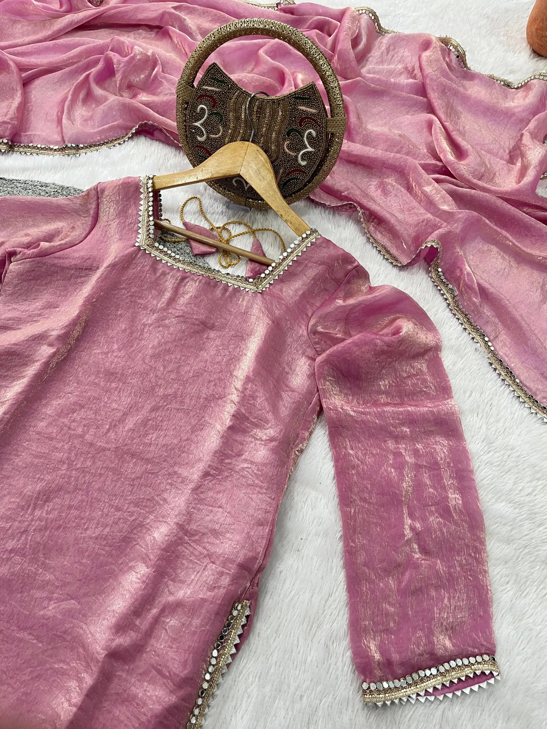 Elegant Satin Mirror Work Kurta Palazzo Set with Dupatta for Festive Wear