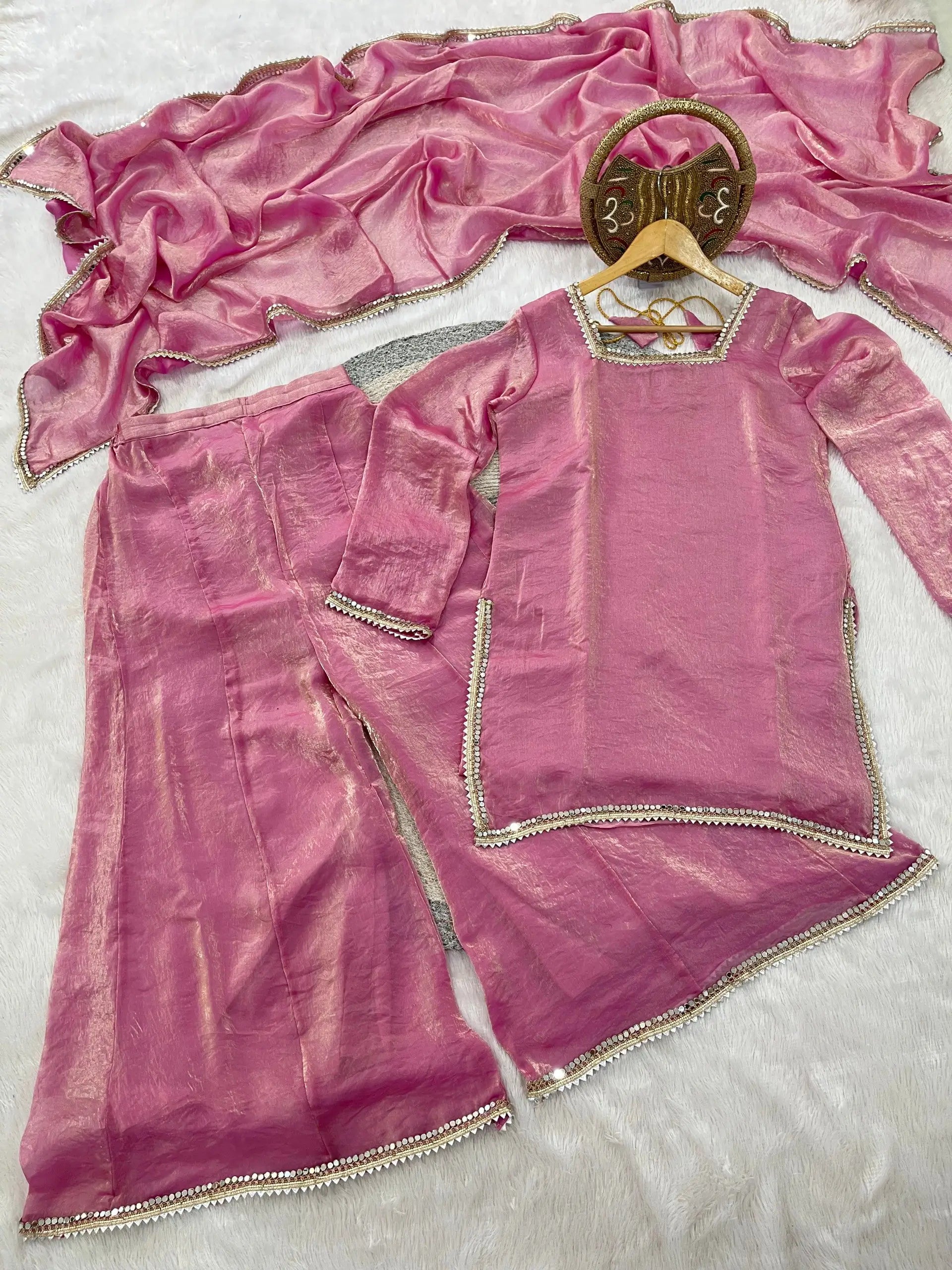 Elegant Satin Mirror Work Kurta Palazzo Set with Dupatta for Festive Wear
