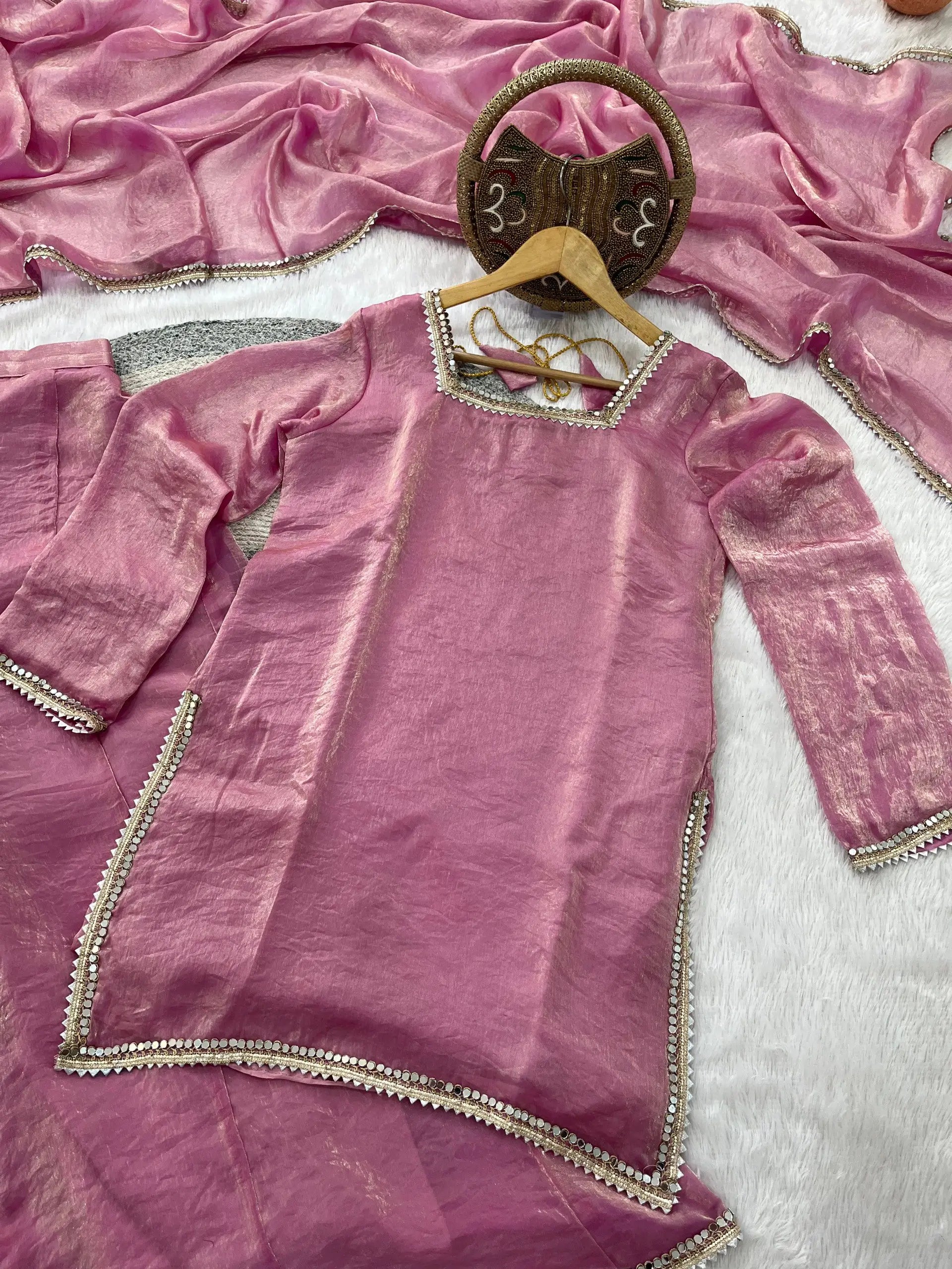 Elegant Satin Mirror Work Kurta Palazzo Set with Dupatta for Festive Wear