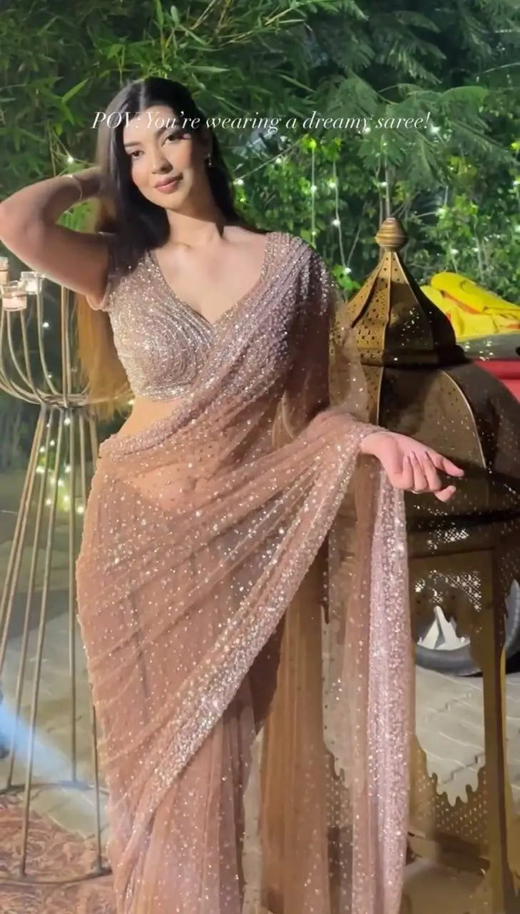 Elegant Sequin Dori Work Net Saree for Wedding and Festive Occasions