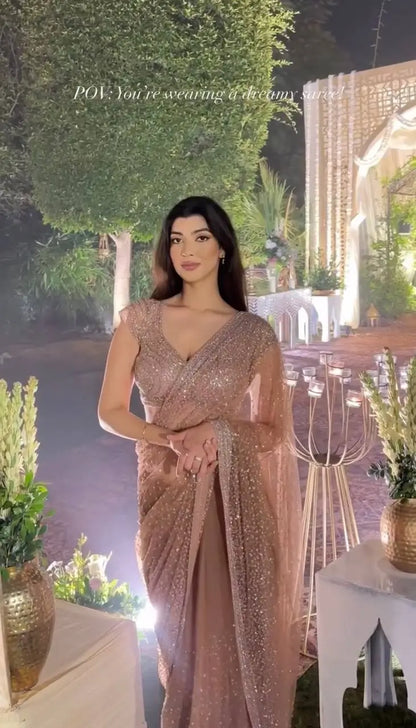 Elegant Sequin Dori Work Net Saree for Wedding and Festive Occasions
