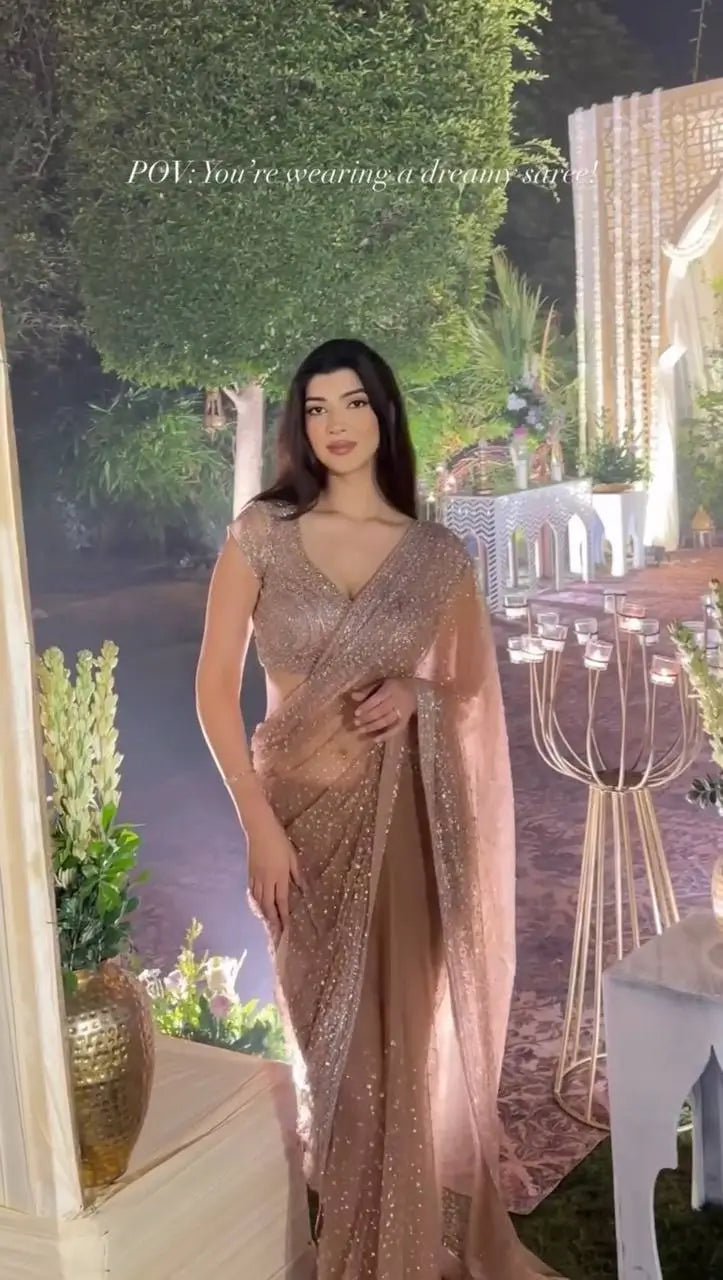 Elegant Sequin Dori Work Net Saree for Wedding and Festive Occasions