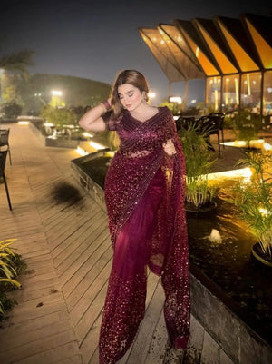 Elegant Sequin Dori Work Net Saree for Wedding and Festive Occasions