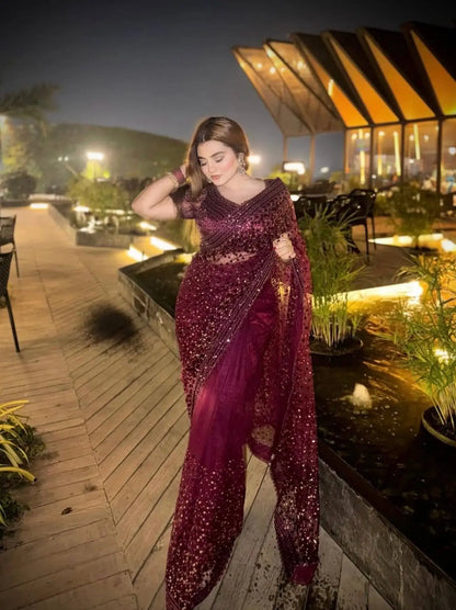Elegant Sequin Dori Work Net Saree for Wedding and Festive Occasions