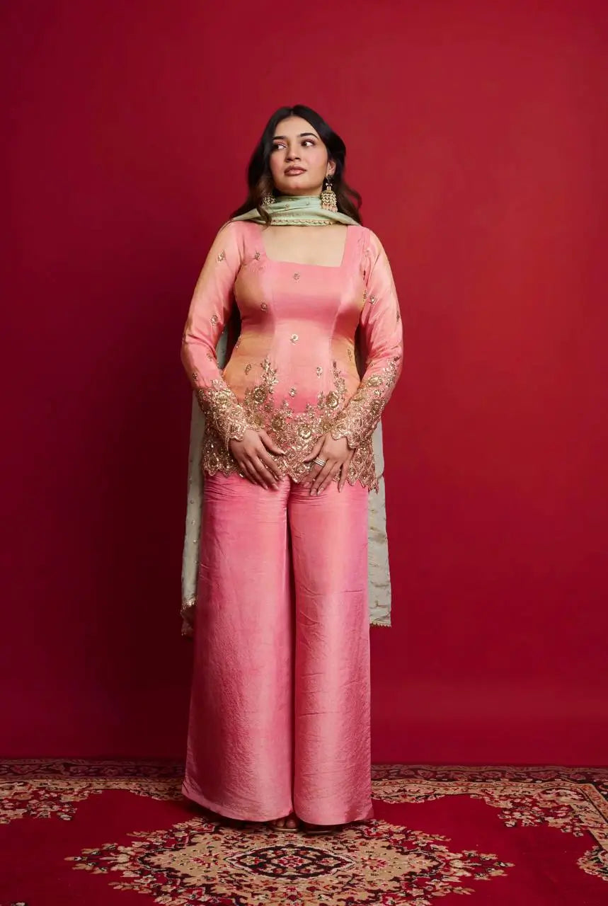 Elegant Shimmer Silk Sharara Set for Festive and Wedding Wear