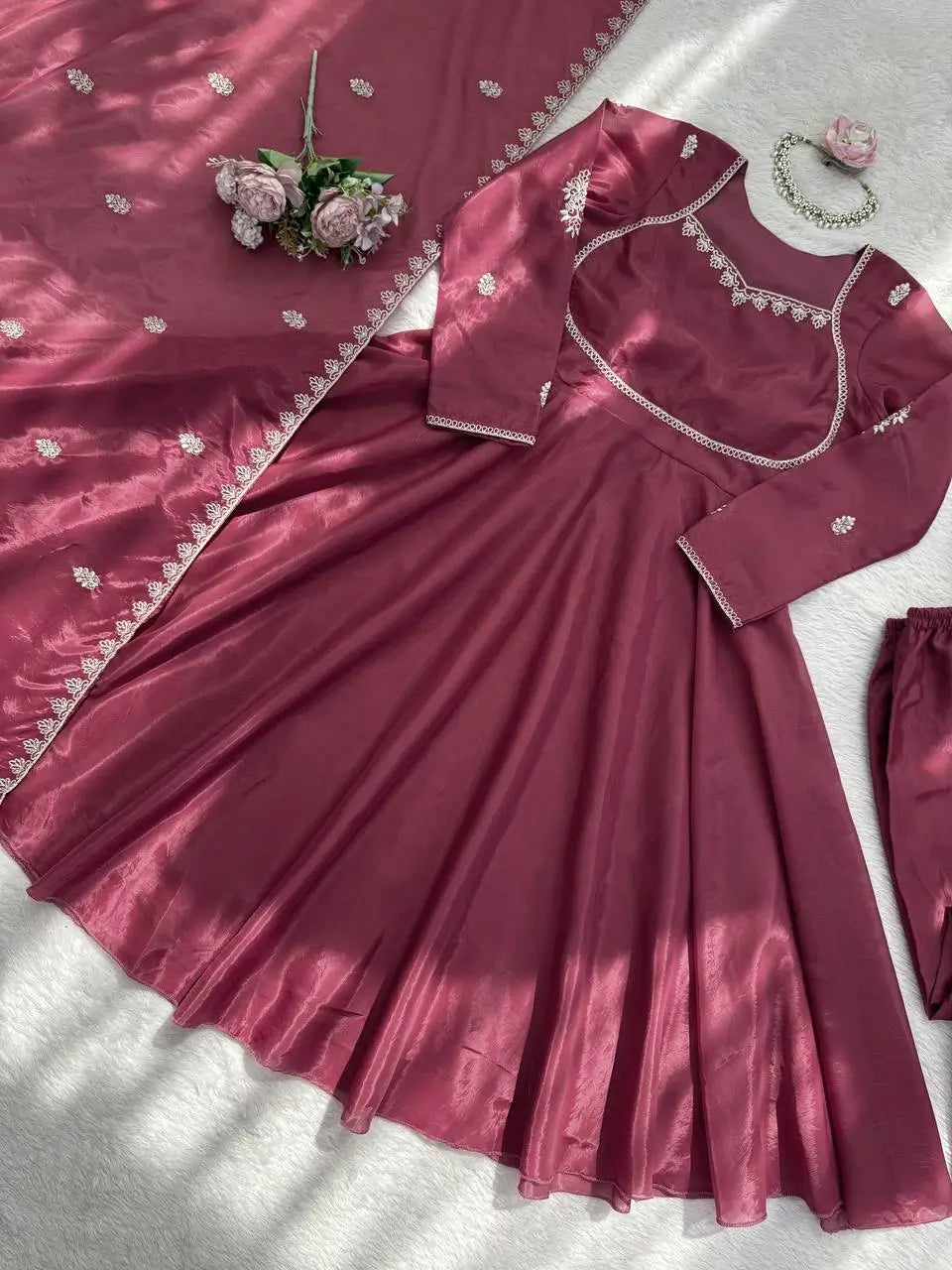 Elegant Silk 3 Piece Anarkali Suit Set for Festive and Family Occasions