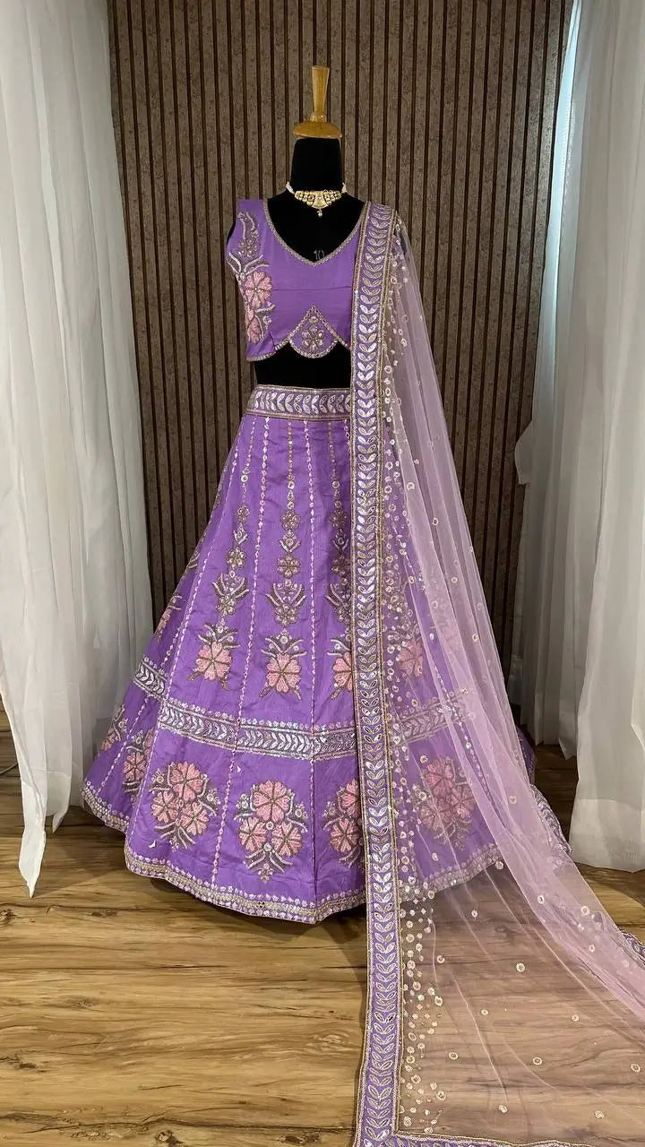 Elegant Slub Silk Embroidered Lehenga Set for Wedding and Festive Wear