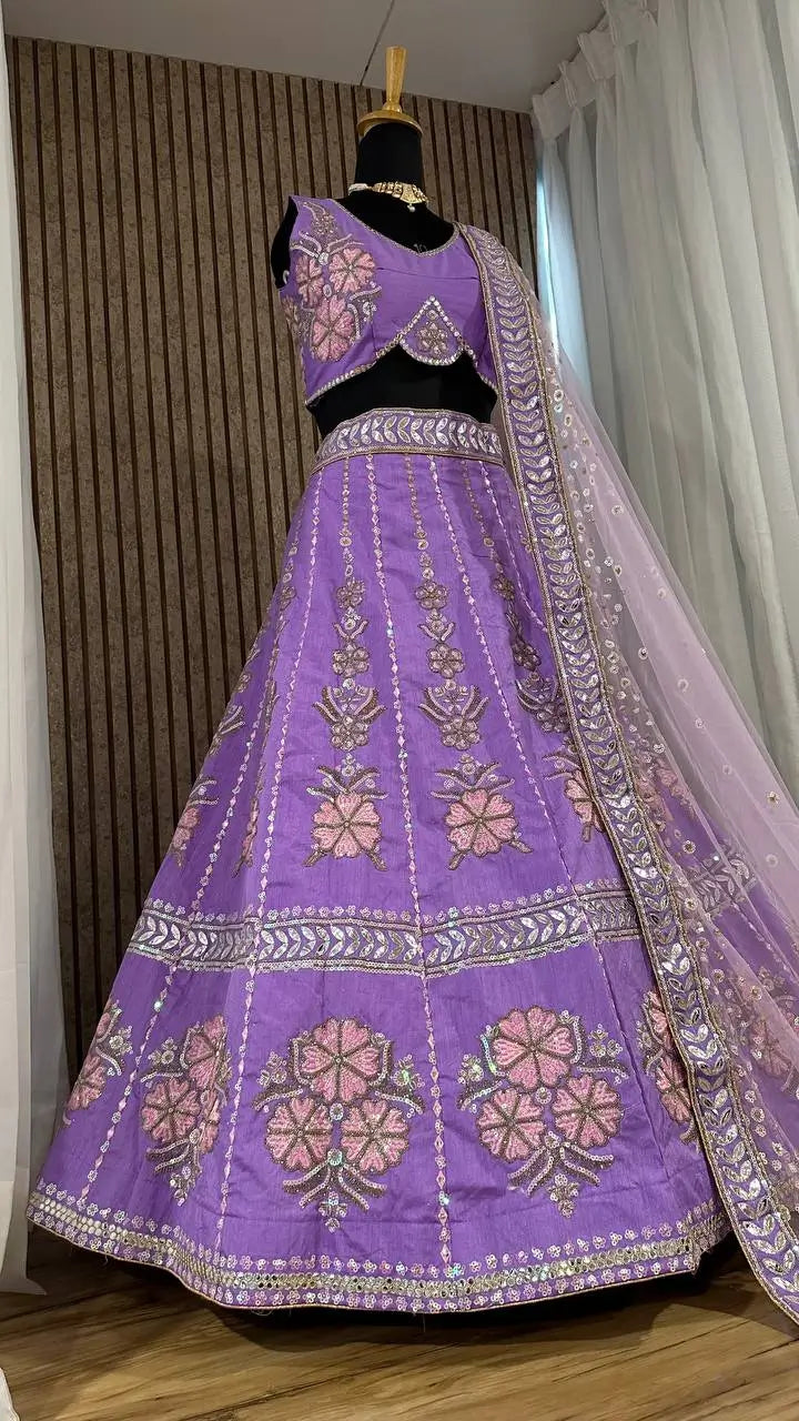 Elegant Slub Silk Embroidered Lehenga Set for Wedding and Festive Wear