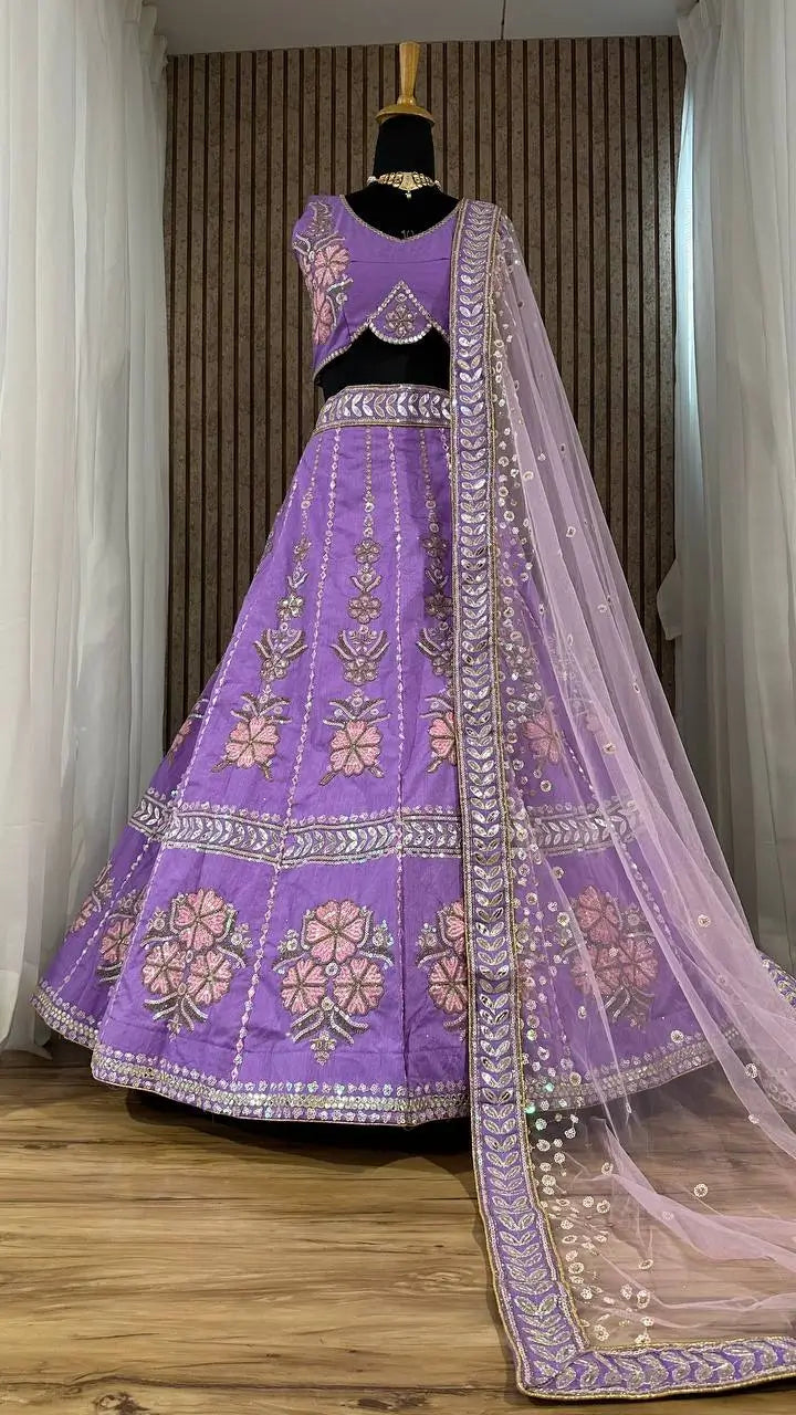 Elegant Slub Silk Embroidered Lehenga Set for Wedding and Festive Wear