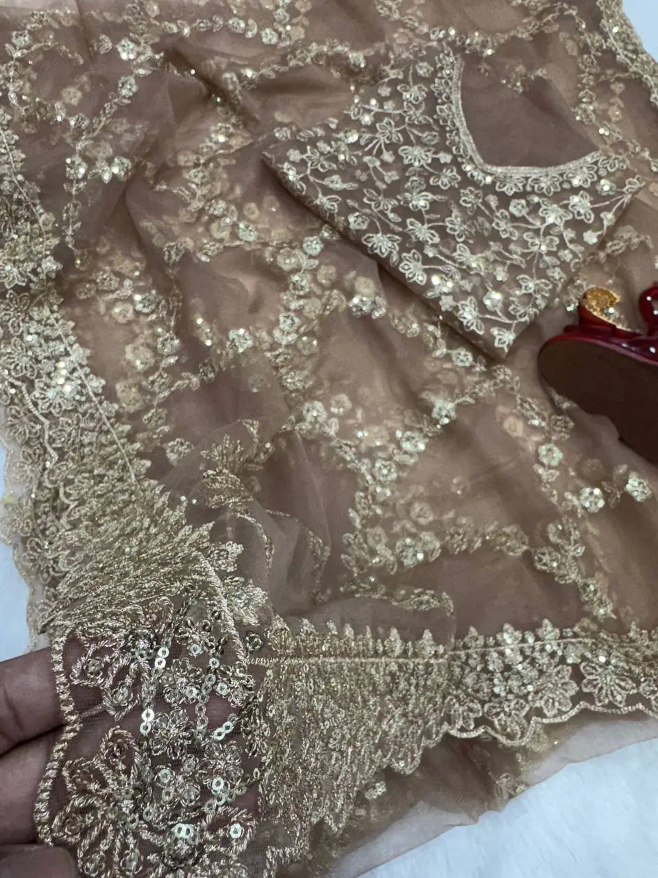 Elegant Soft Net Embroidered Saree with Designer Blouse for Party and Wedding Wear