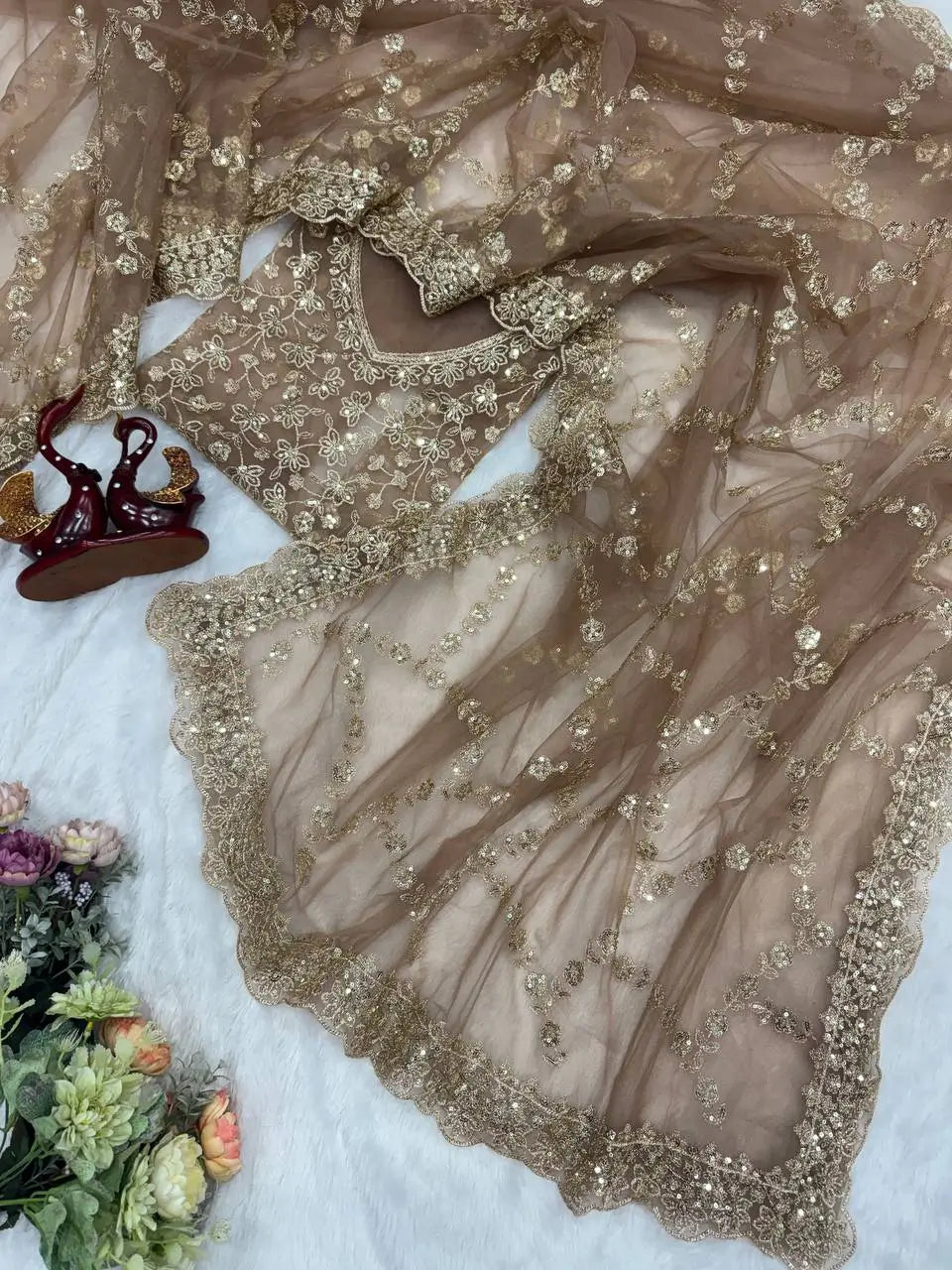 Elegant Soft Net Embroidered Saree with Designer Blouse for Party and Wedding Wear