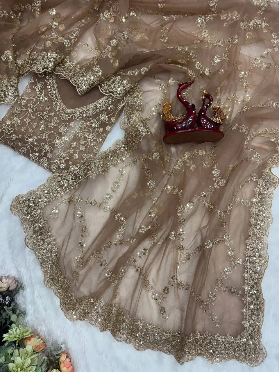 Elegant Soft Net Embroidered Saree with Designer Blouse for Party and Wedding Wear